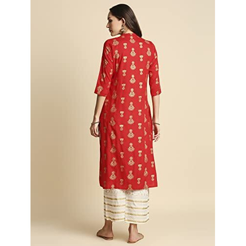 Anubhutee Tie-Neck Ethnic Foil Print Kurta Set, Red, L, (Anu191026L)