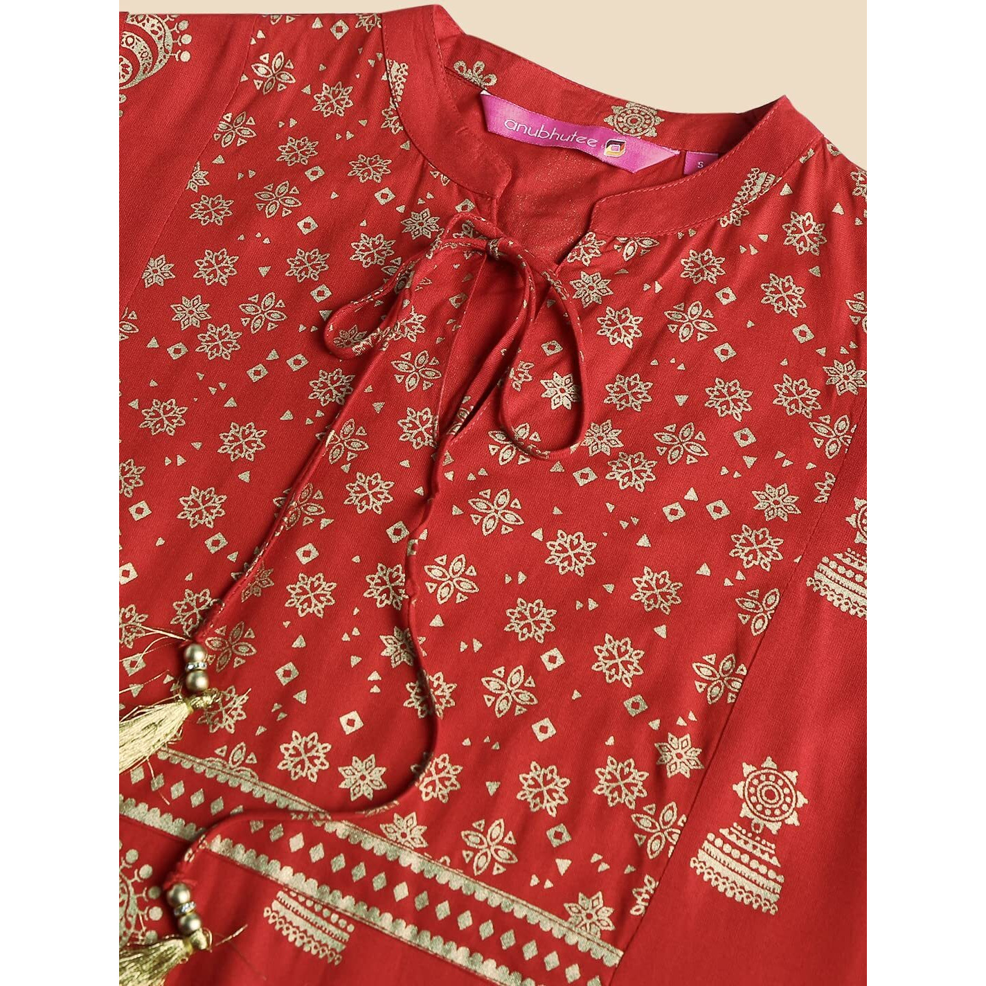 Anubhutee Tie-Neck Ethnic Foil Print Kurta Set, Red, L, (Anu191026L)