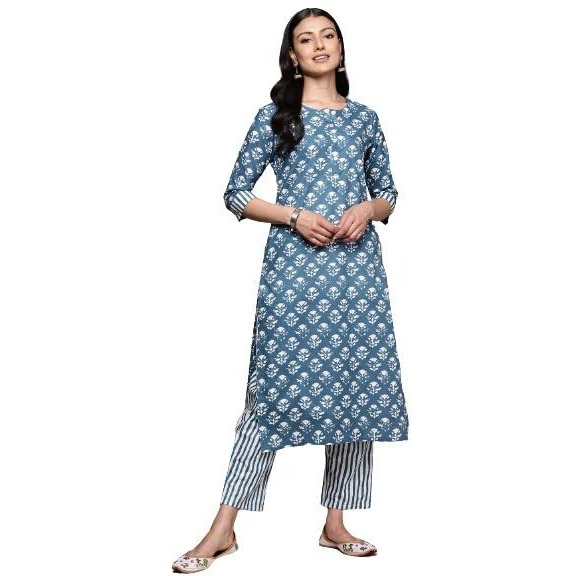 Anubhutee Women's Cotton Blue Floral Printed Straight Kurta Suit Set With Trousers