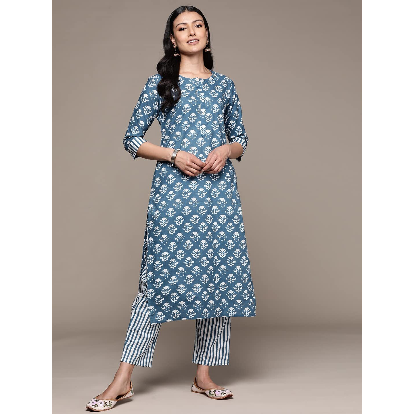 Anubhutee Women's Cotton Blue Floral Printed Straight Kurta Suit Set With Trousers