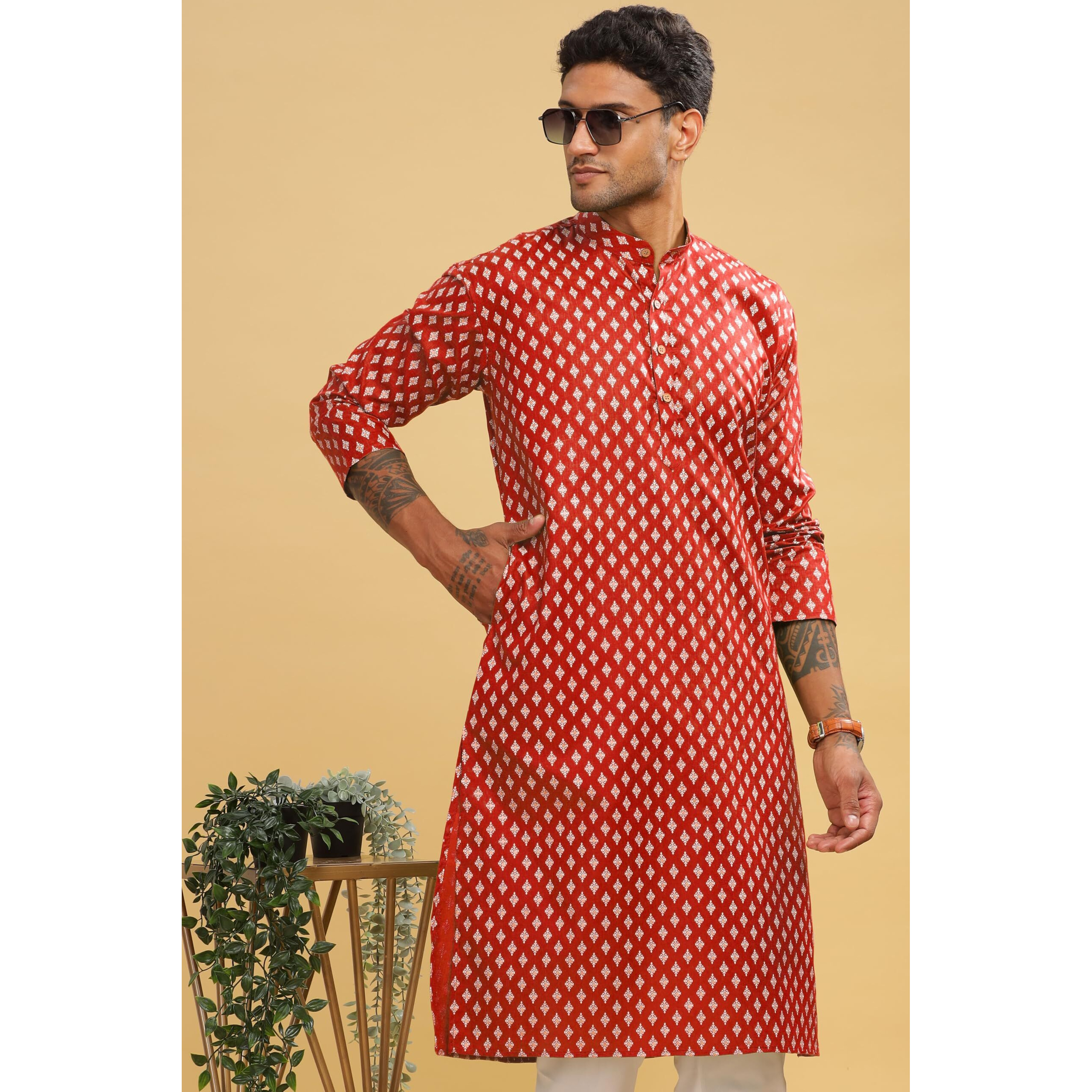 Be Active Men's Cotton Regular Kurta (C-399-3_Red