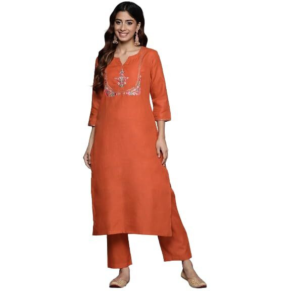 Varanga Women Rust Thread And Zari Embroidered Kurta With Bottom, Round Neck With Slit, Three-Quarter Sleeves, Straight Kurta With Side Slits