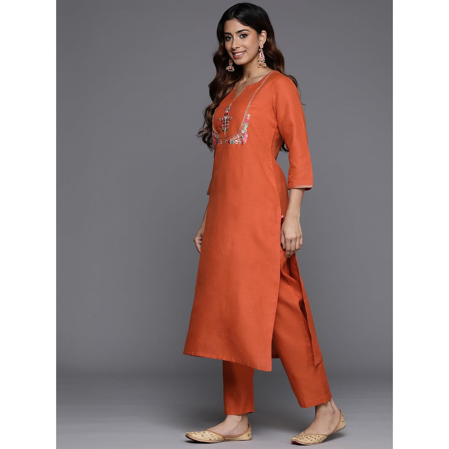 Varanga Women Rust Thread And Zari Embroidered Kurta With Bottom, Round Neck With Slit, Three-Quarter Sleeves, Straight Kurta With Side Slits