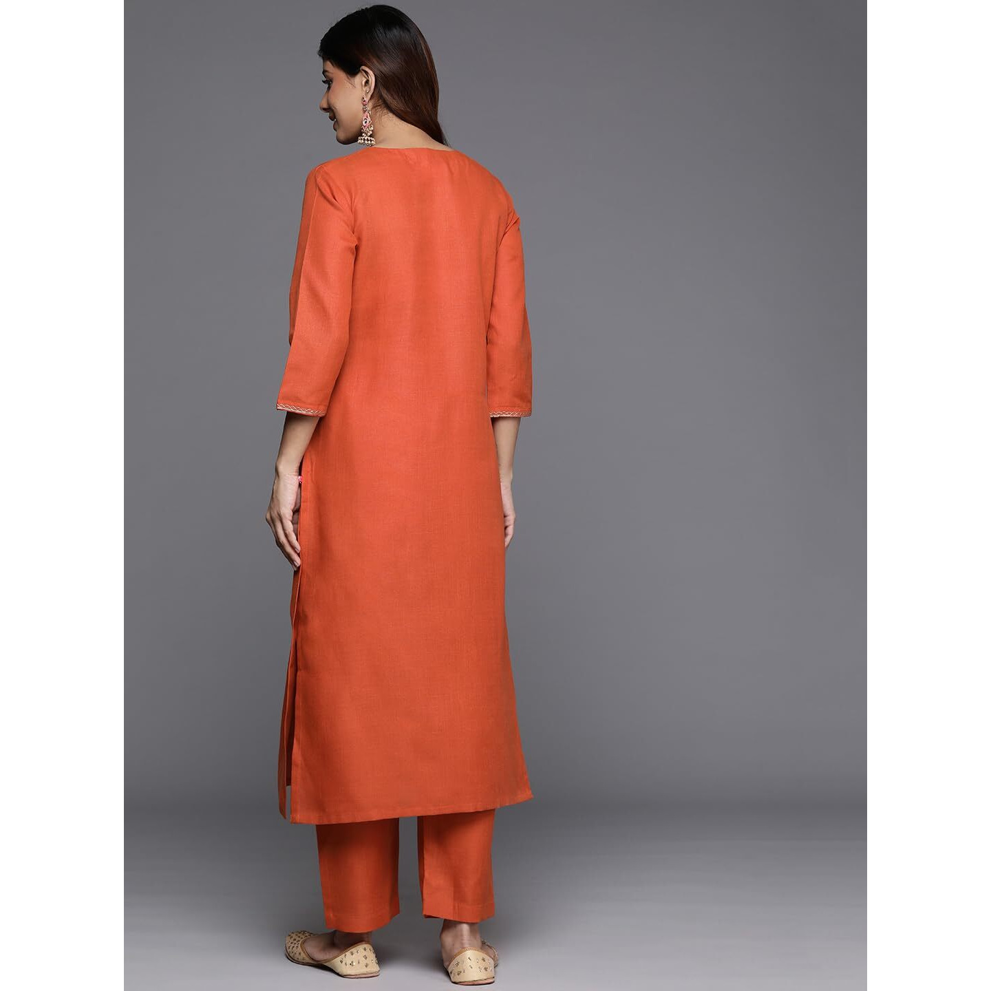 Varanga Women Rust Thread And Zari Embroidered Kurta With Bottom, Round Neck With Slit, Three-Quarter Sleeves, Straight Kurta With Side Slits