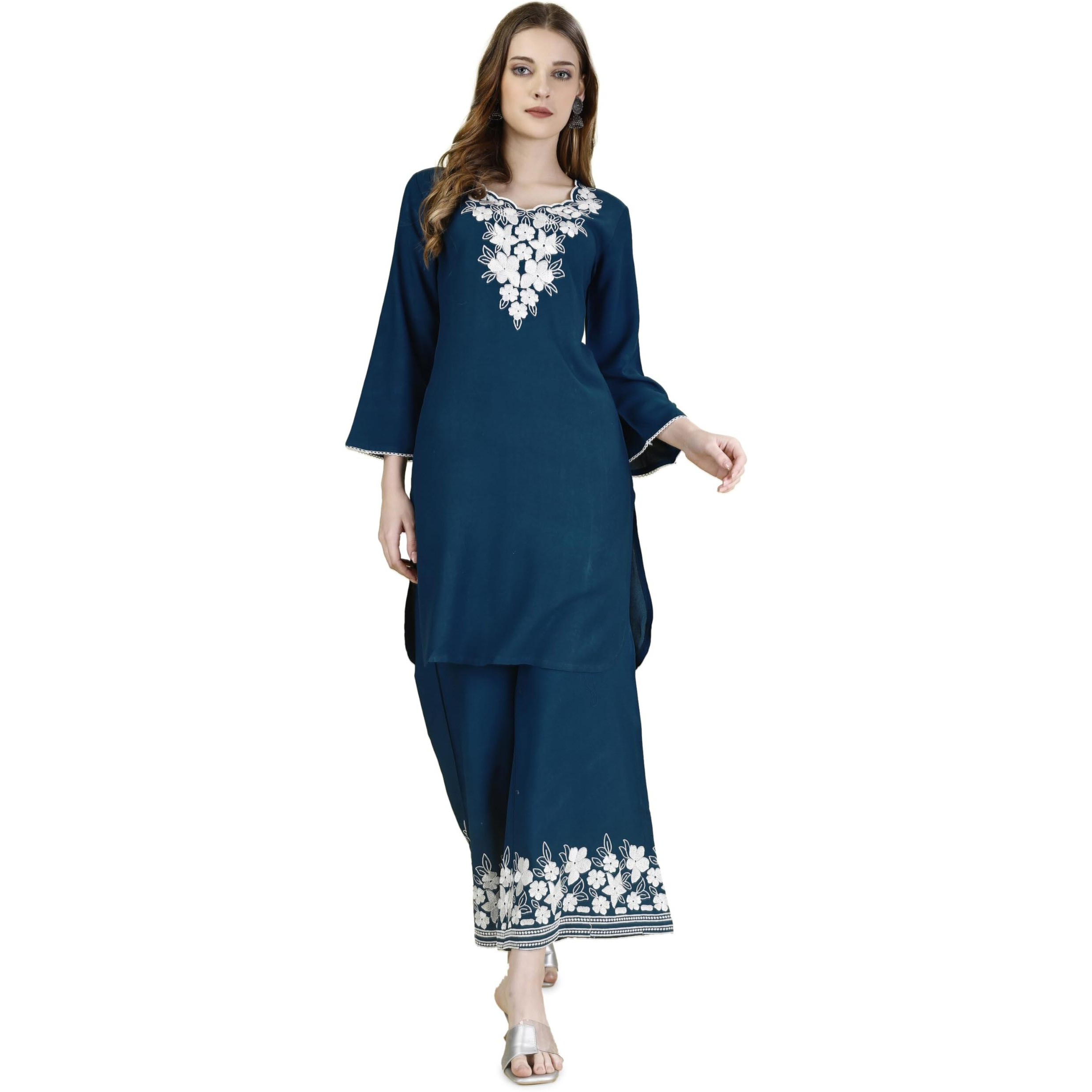 Womanista Viscose Rayon Women's Rama Blue Colour White Tunic With Embroidered Plazzo Coord Set Above The Knee Casual Dress (Co-Ords_9057 S)