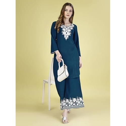 Womanista Viscose Rayon Women's Rama Blue Colour White Tunic With Embroidered Plazzo Coord Set Above The Knee Casual Dress (Co-Ords_9057 S)