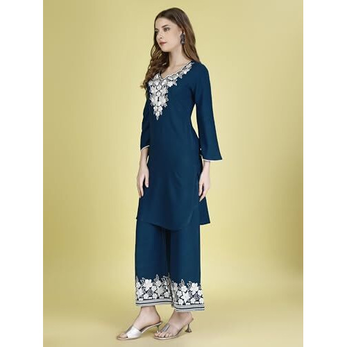 Womanista Viscose Rayon Women's Rama Blue Colour White Tunic With Embroidered Plazzo Coord Set Above The Knee Casual Dress (Co-Ords_9057 S)