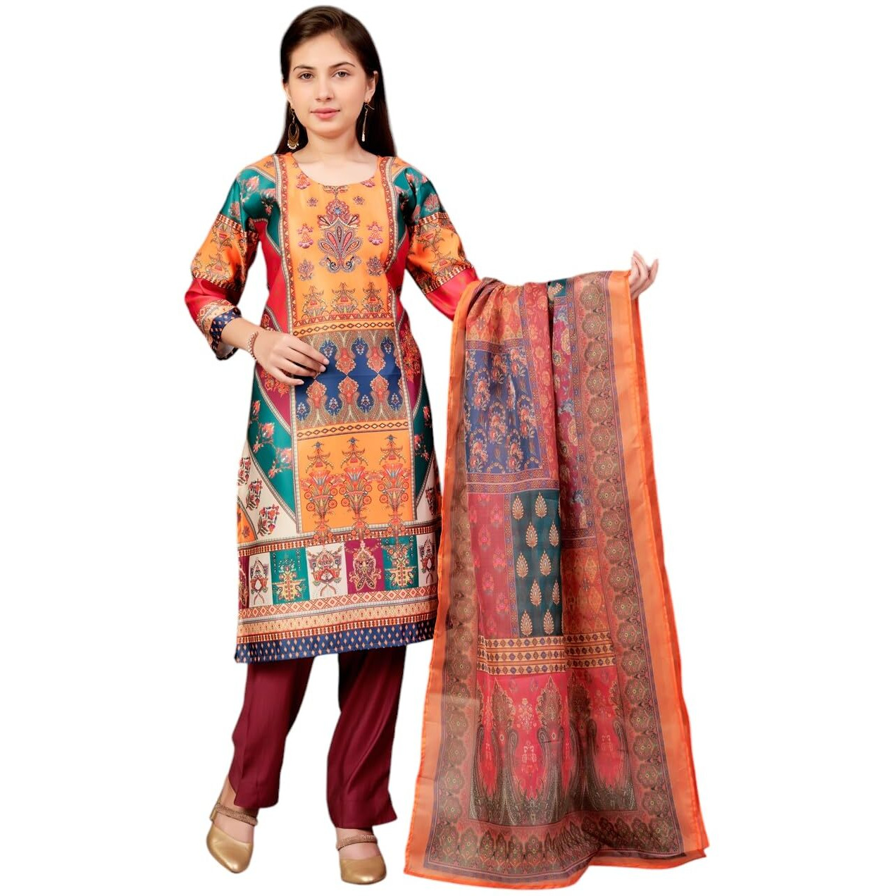 Aarika Girls Ethnic Wear Green-Wine Colour Abstract Embalished Satin Kurti Pant Set-8-15 Years (Kp-Tr-K-1059)