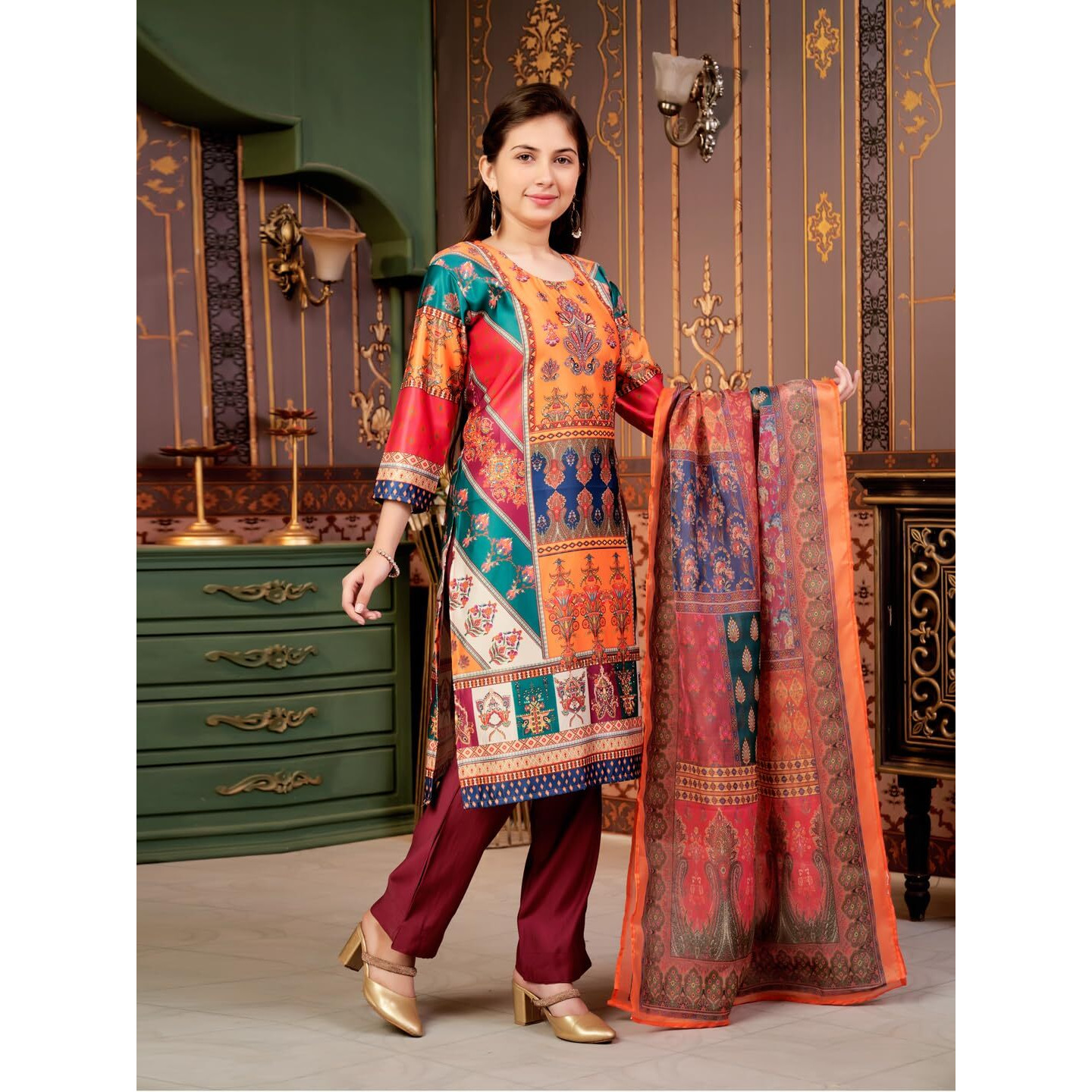 Aarika Girls Ethnic Wear Green-Wine Colour Abstract Embalished Satin Kurti Pant Set-8-15 Years (Kp-Tr-K-1059)