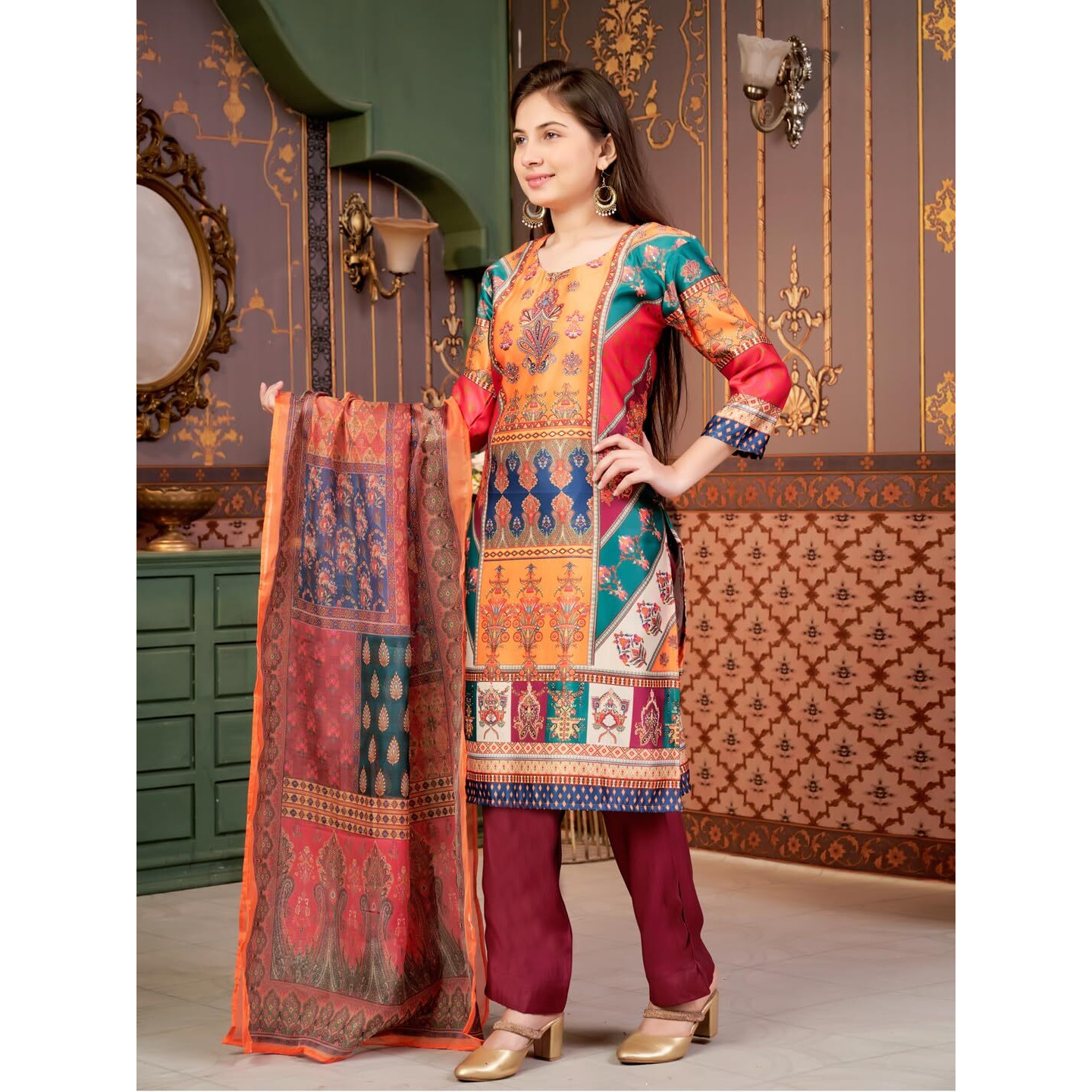 Aarika Girls Ethnic Wear Green-Wine Colour Abstract Embalished Satin Kurti Pant Set-8-15 Years (Kp-Tr-K-1059)