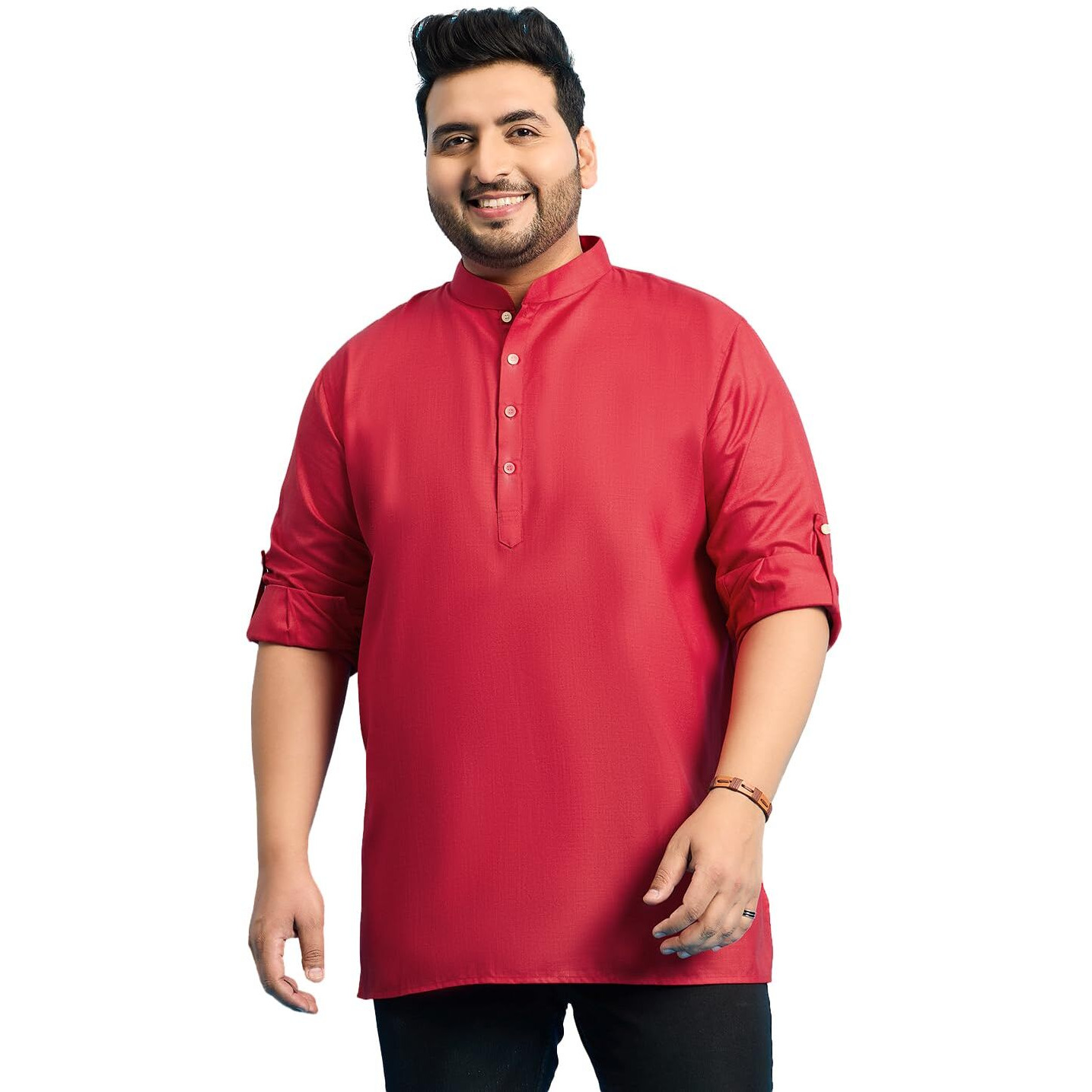 Bigbanana Plus Size Men's Regular Fit Solid Short Kurta (Pollan-Red,Red,2Xl)