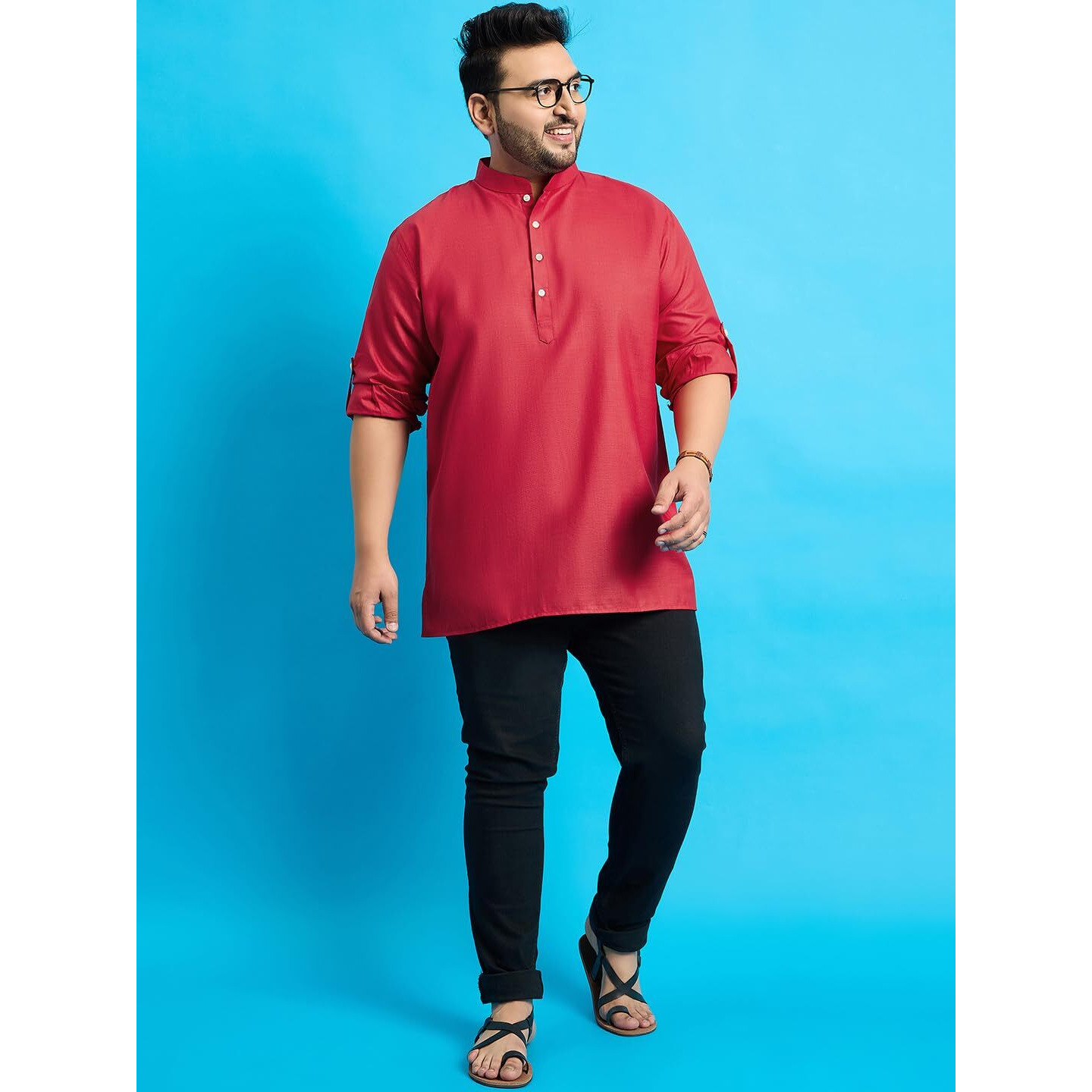 Bigbanana Plus Size Men's Regular Fit Solid Short Kurta (Pollan-Red,Red,2Xl)