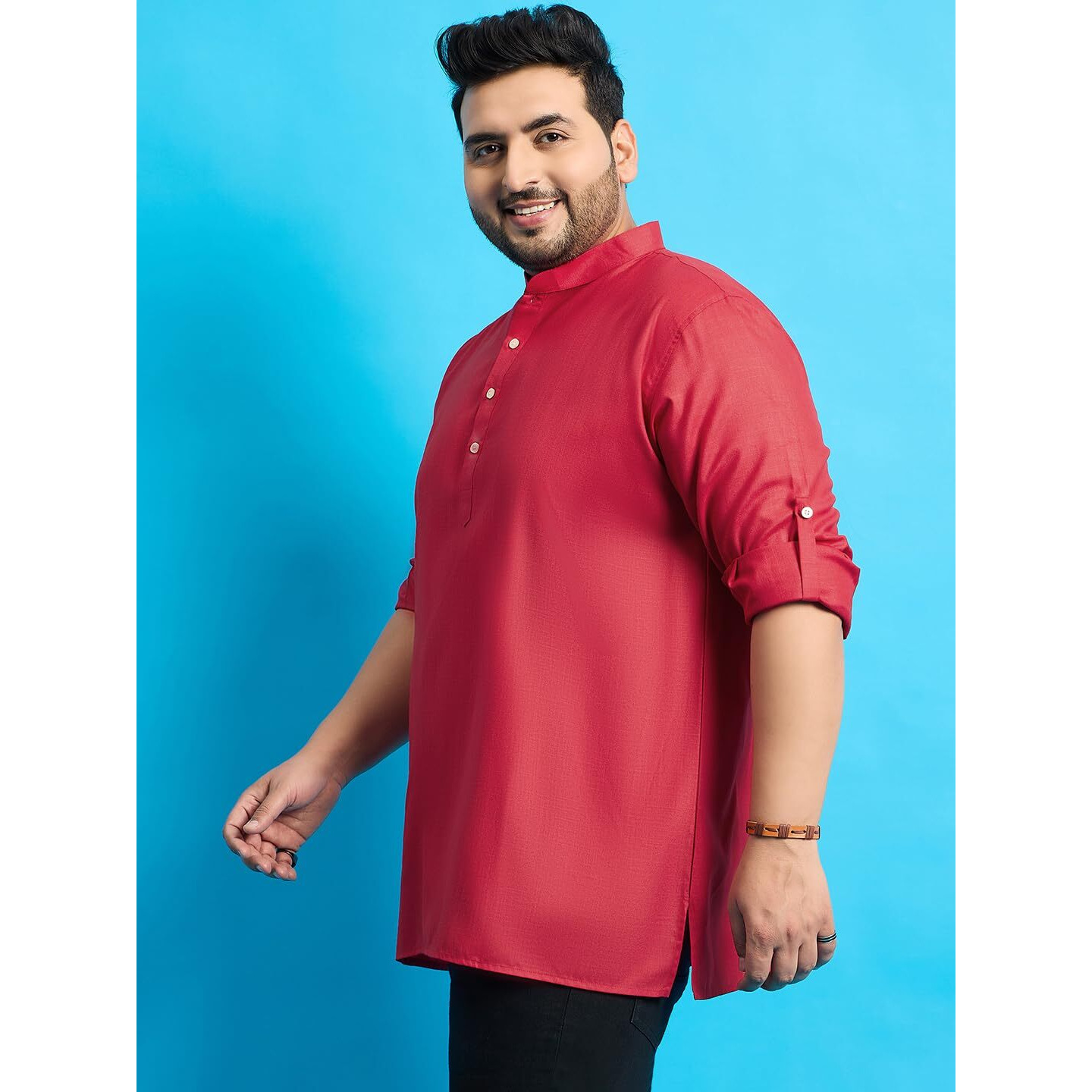 Bigbanana Plus Size Men's Regular Fit Solid Short Kurta (Pollan-Red,Red,2Xl)