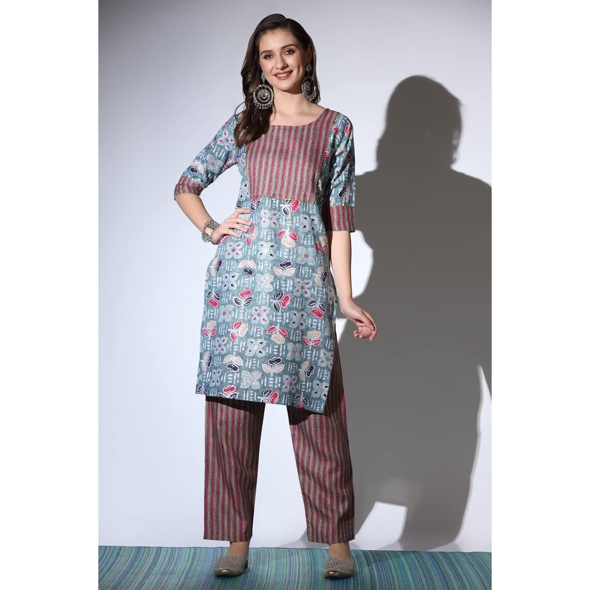 Dhruvi Trendz Women Cotton Blend Fancy Kurta Set Regular Fit Printed (Dt-K2705&P127_Grey_Xl)