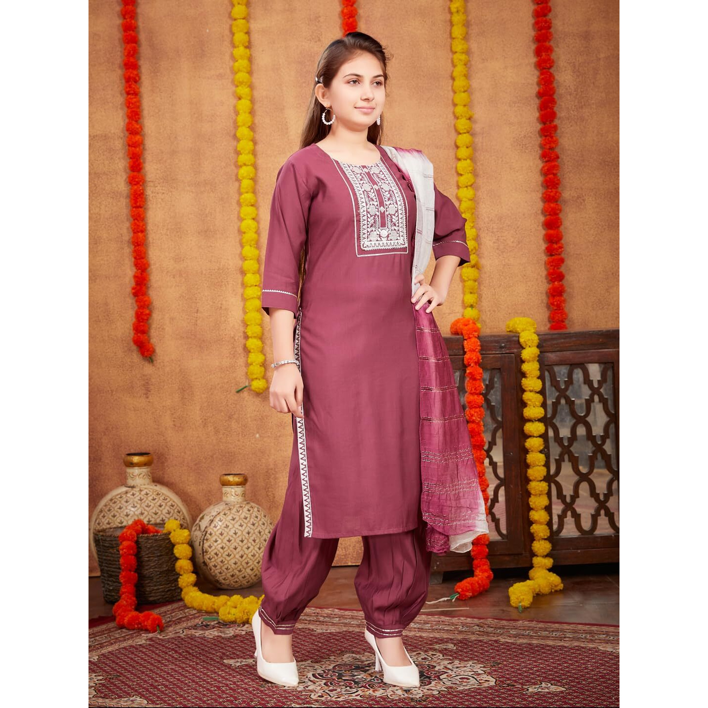 Aarika Girls Ethnic Wear Wine Colour Sequin Thread Embroidery With Gota Work Silk Kurti Patiala Set (9-16 Years)