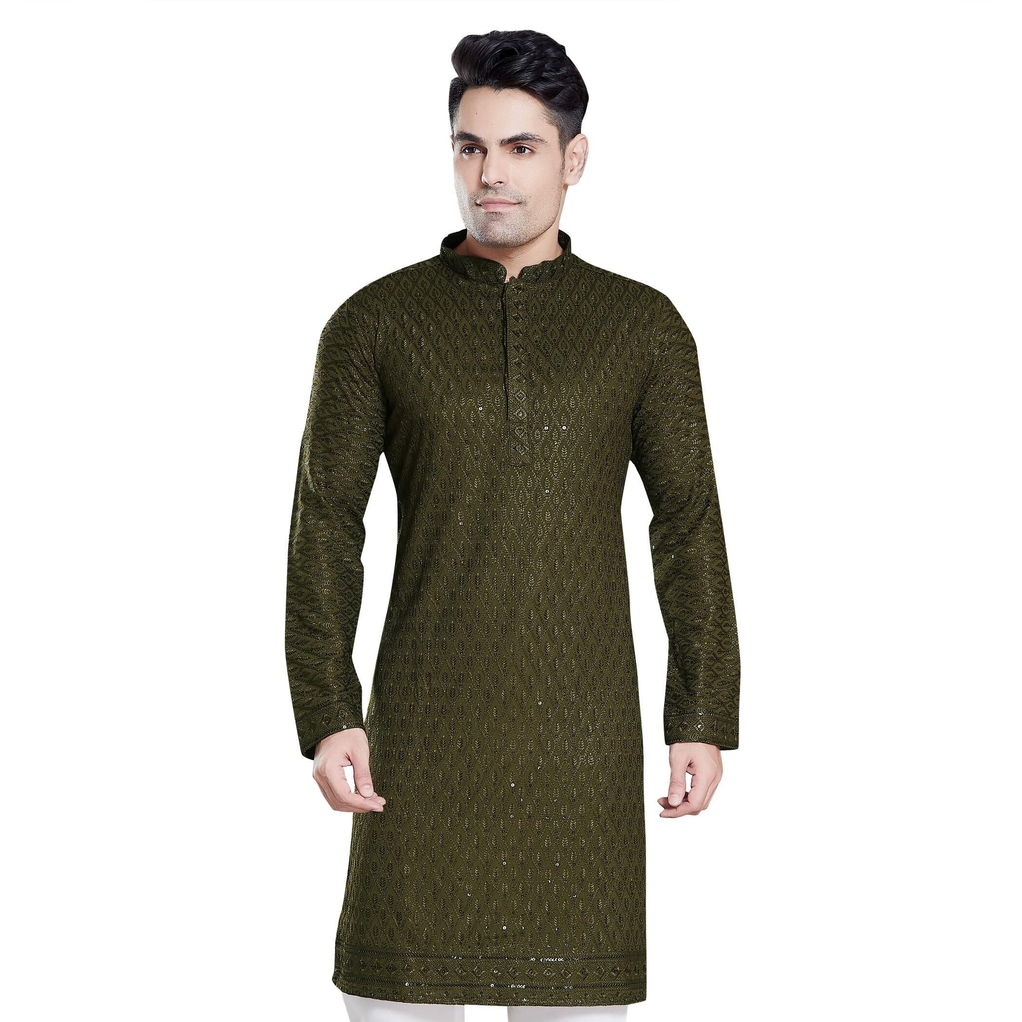 Divisive Men's Sequince Embroidered Cotton Blend Only Slim Fit Kurta (Dkrt118_Xxl_Mehendi)