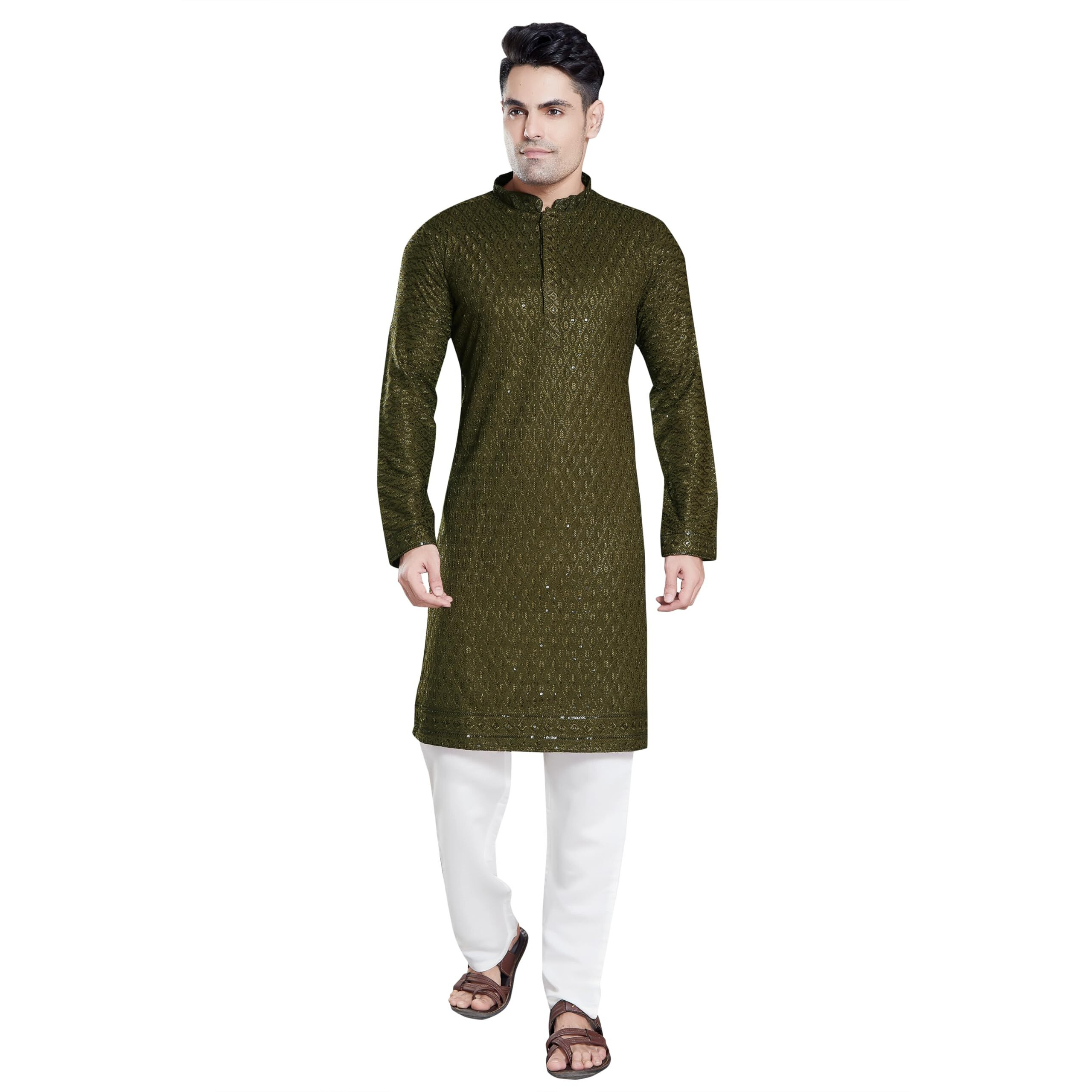 Divisive Men's Sequince Embroidered Cotton Blend Only Slim Fit Kurta (Dkrt118_Xxl_Mehendi)