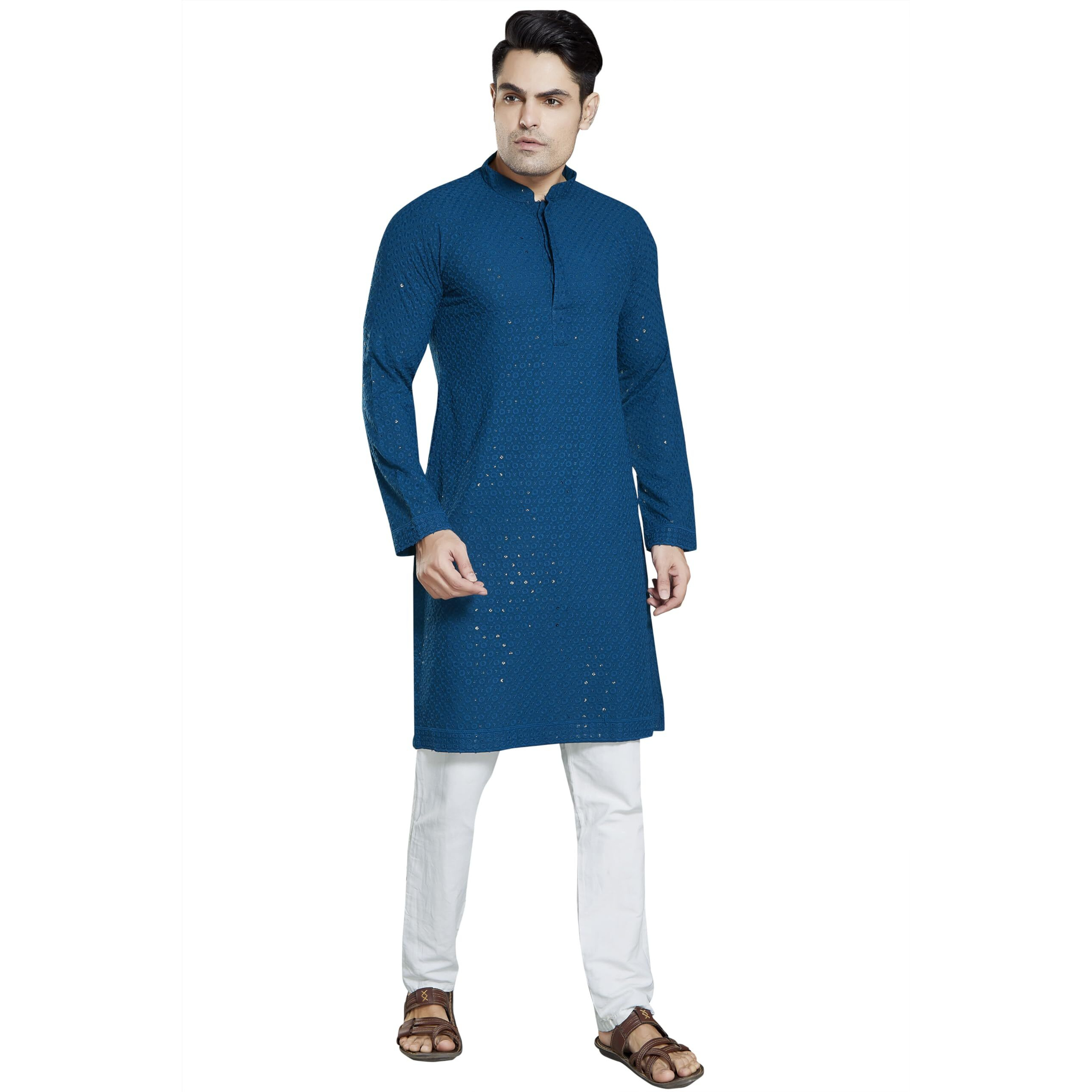 Divisive Men's Sequince Embroidered Cotton Blend Slim Fit Kurta Pyjama Set (Dkrt37_S_Teal)