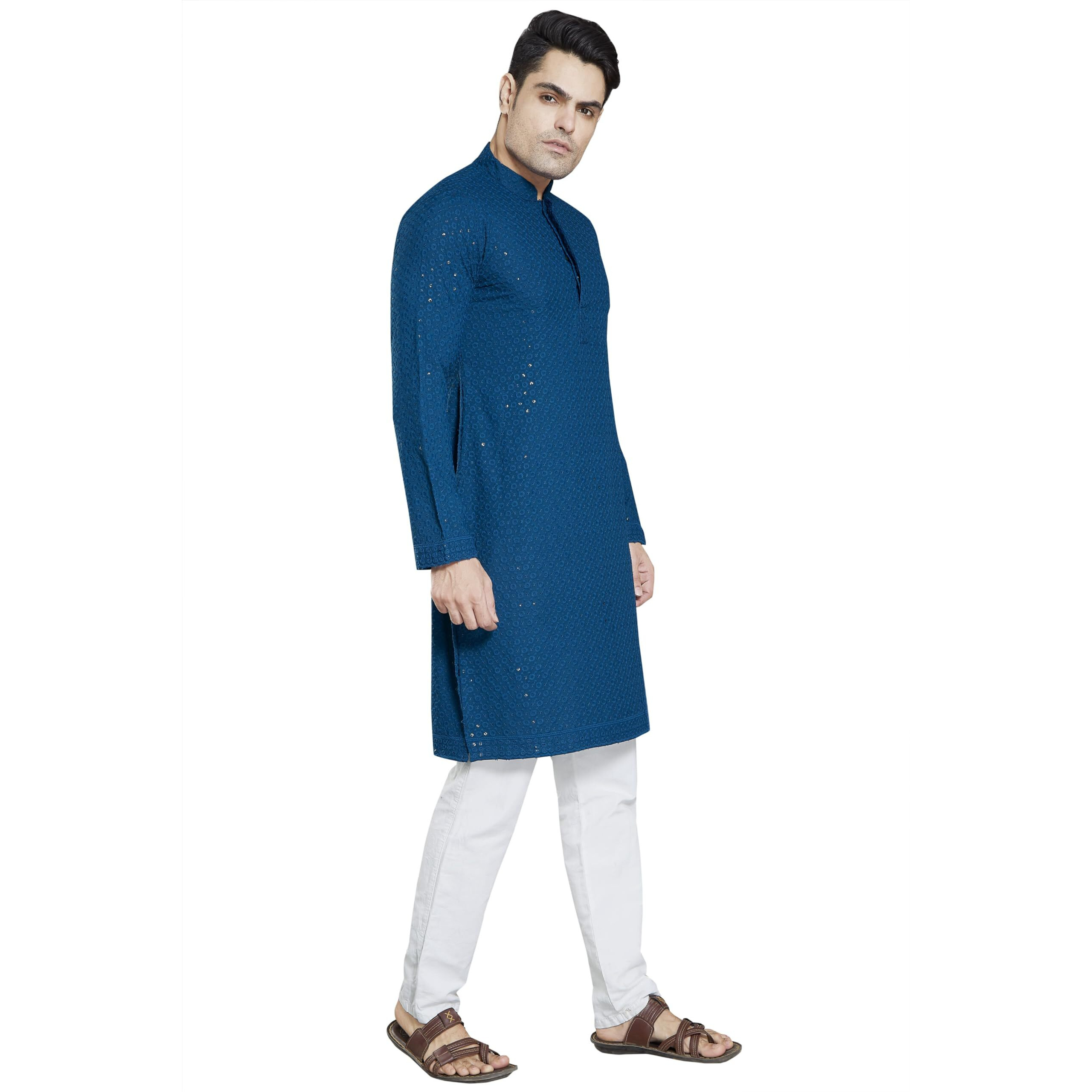 Divisive Men's Sequince Embroidered Cotton Blend Slim Fit Kurta Pyjama Set (Dkrt37_S_Teal)