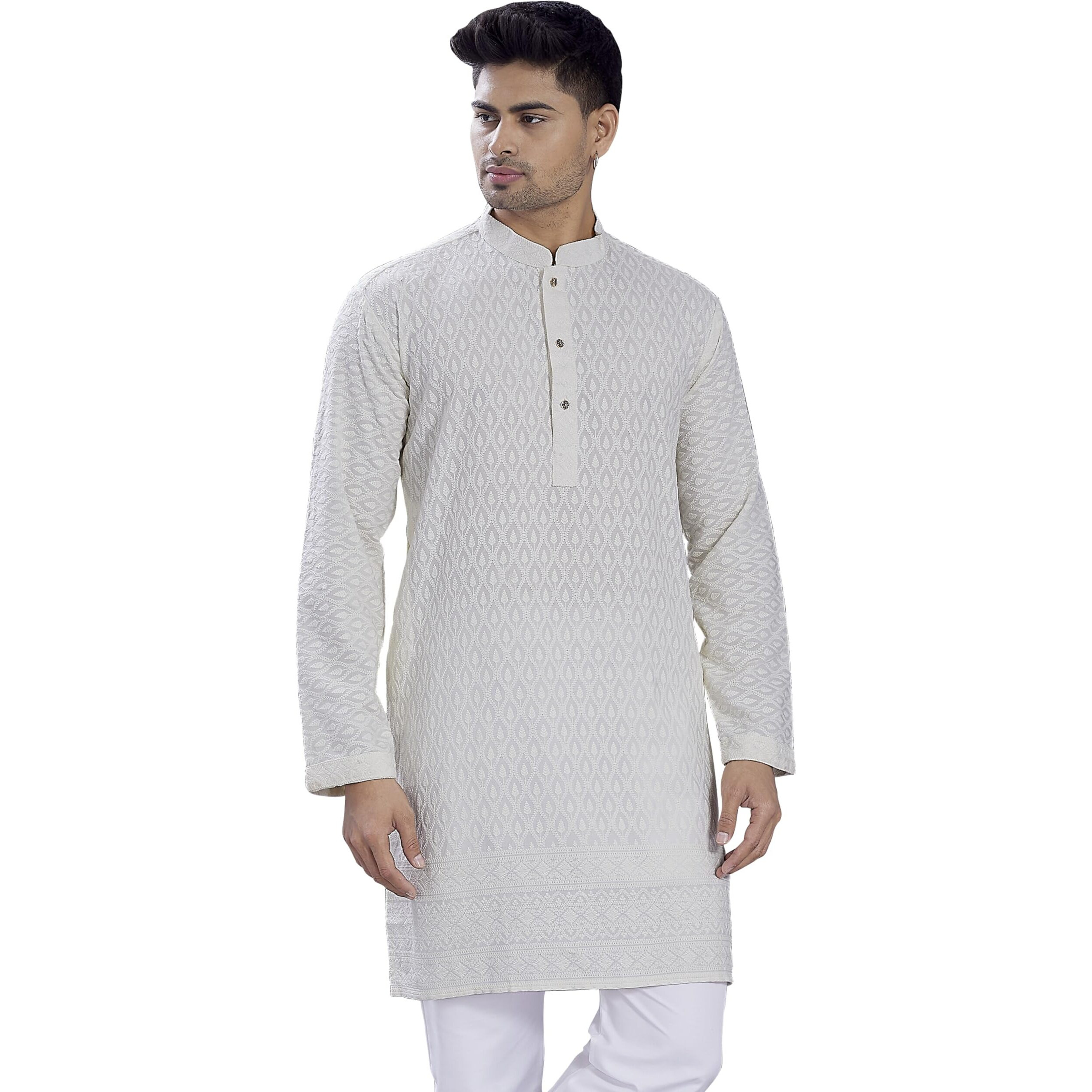 Divisive Men's Thread Embroidered Cotton Blend Only Slim Fit Kurta (Dkrt735_L_Off White)