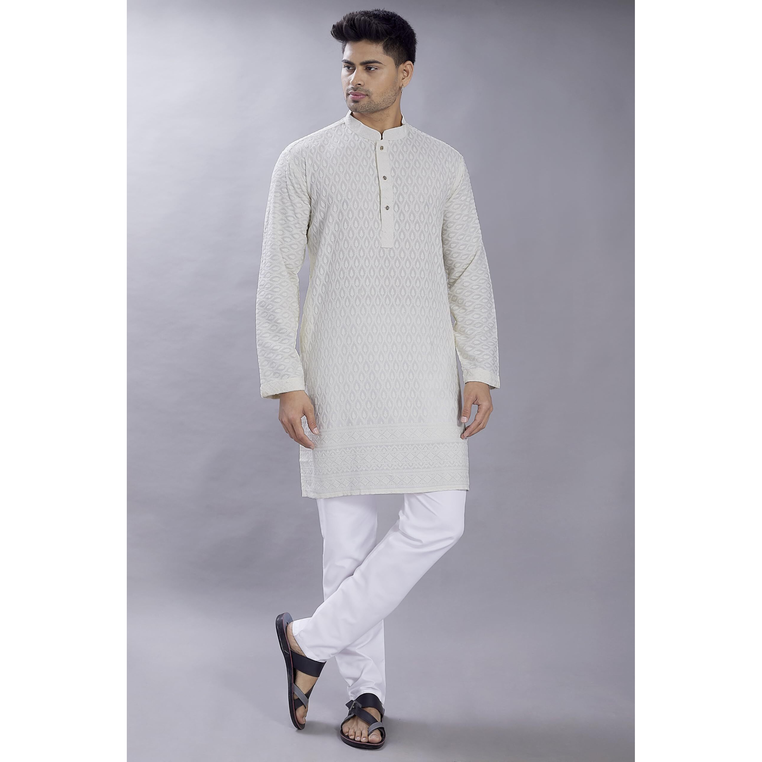 Divisive Men's Thread Embroidered Cotton Blend Only Slim Fit Kurta (Dkrt735_L_Off White)