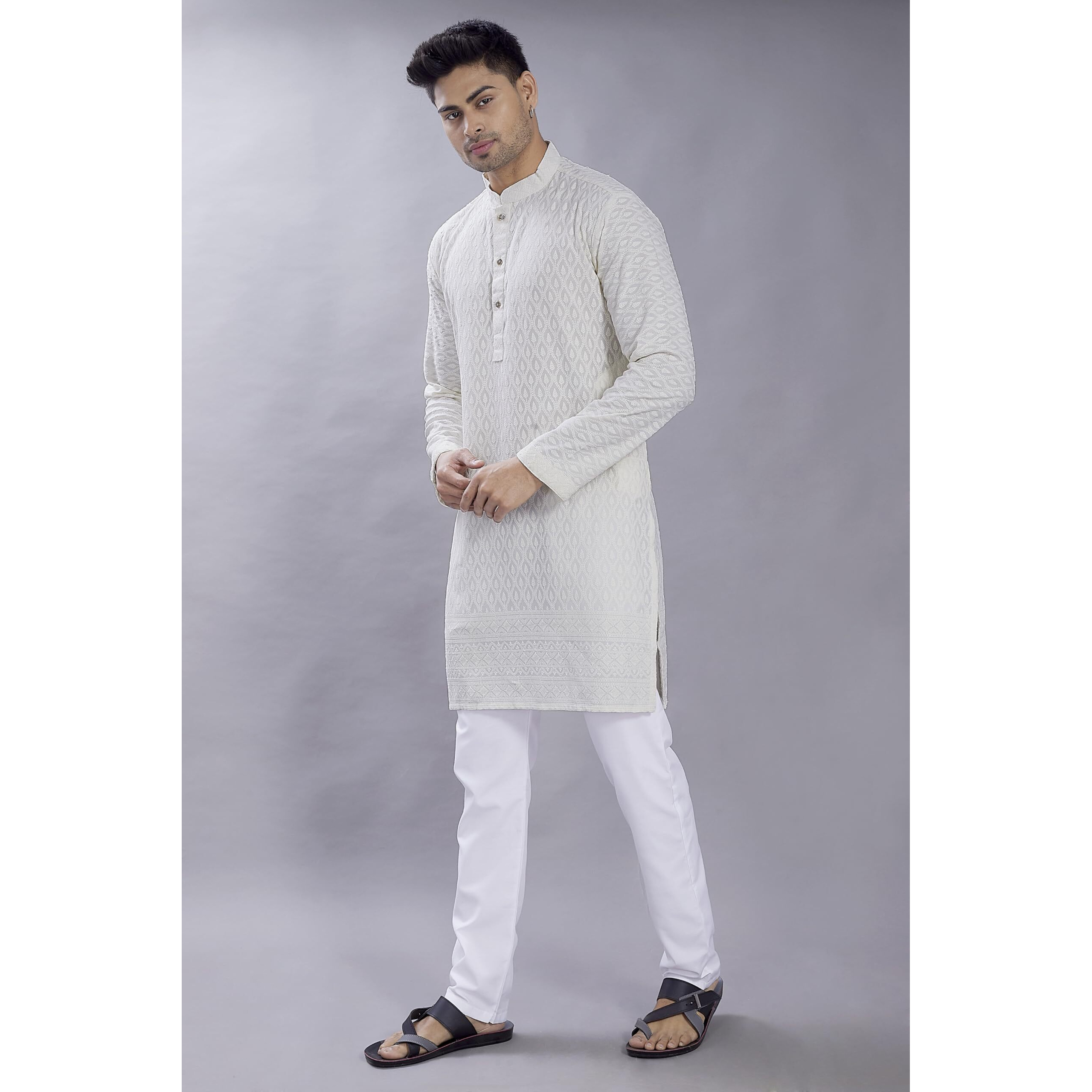 Divisive Men's Thread Embroidered Cotton Blend Only Slim Fit Kurta (Dkrt735_L_Off White)