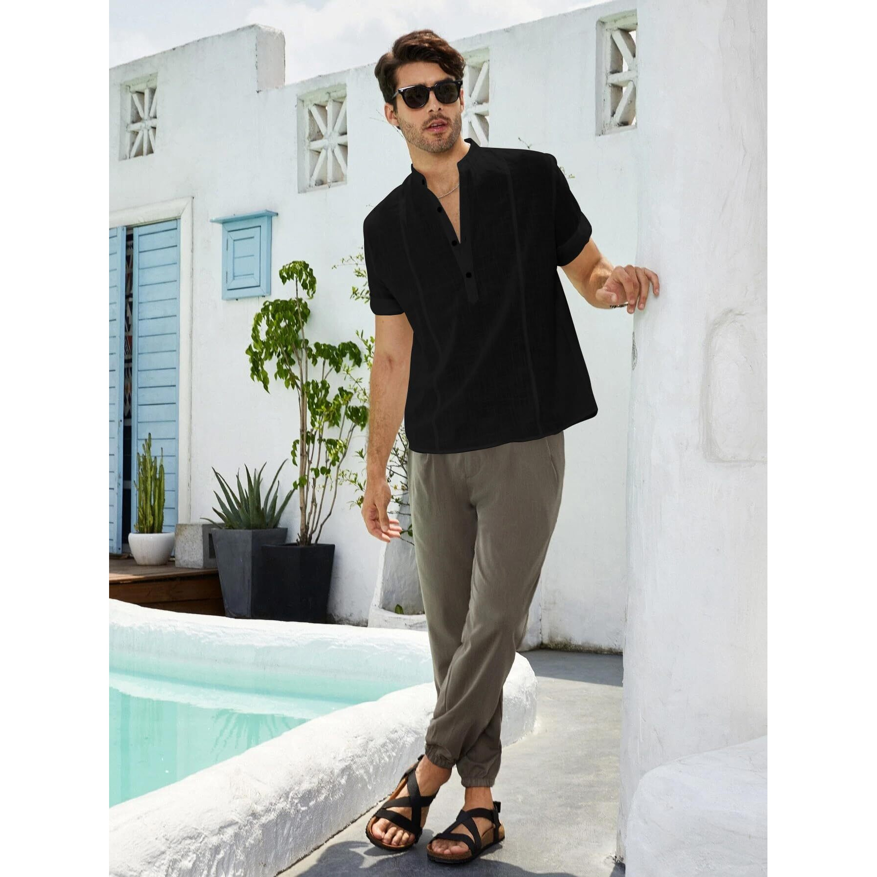 Be Active Men's Solid 100% Cotton Short Kurta With Mandarin Collar || 3/4Th Sleeves Short Kurta For Men Cotton || Stylish Short Kurta || Short Kurta Men (Cpl0149-2-L) Black