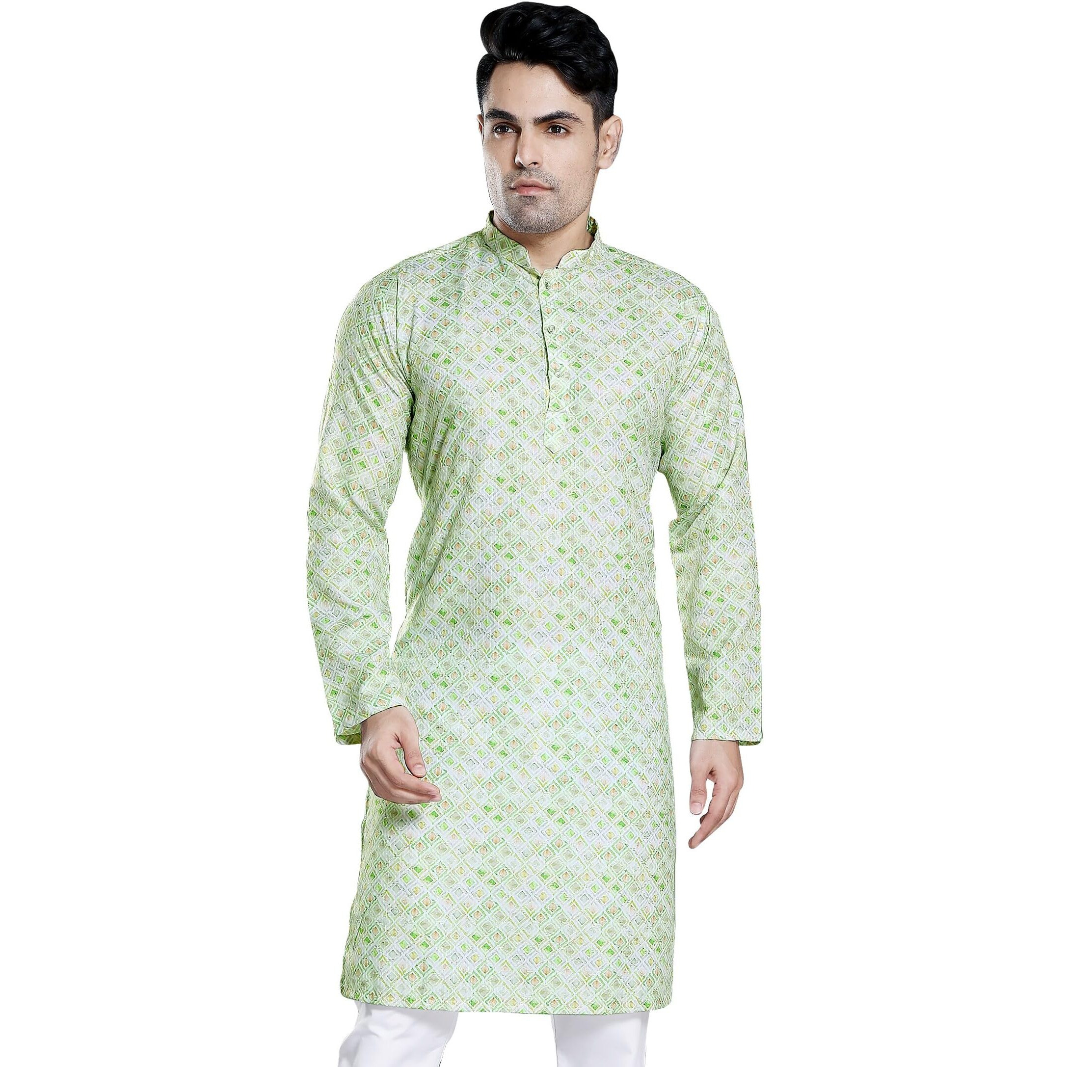 Divisive Men's Sequince Embroidered Printed Cotton Blend Only Slim Fit Kurta (Dkrt122_M_Green)