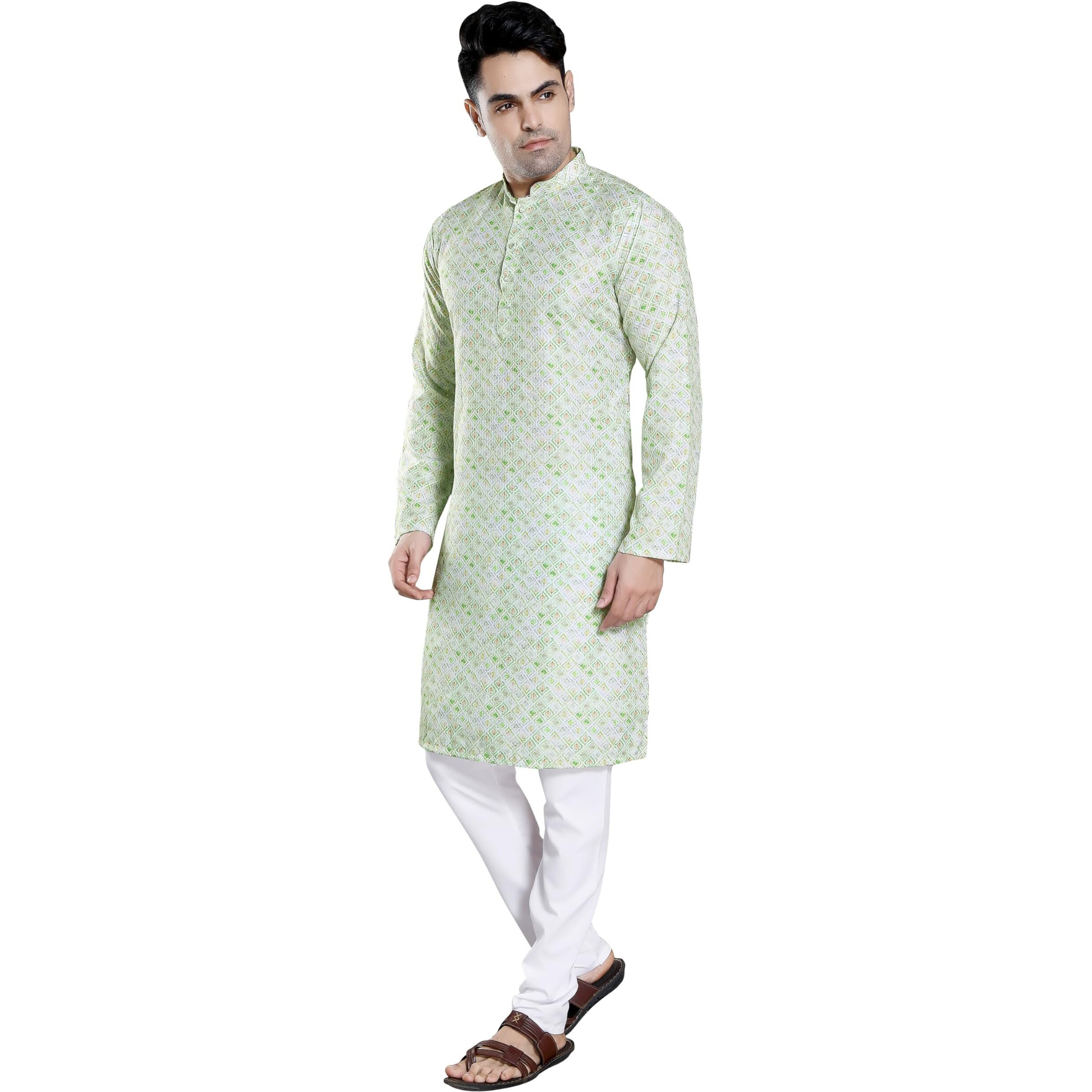 Divisive Men's Sequince Embroidered Printed Cotton Blend Only Slim Fit Kurta (Dkrt122_M_Green)