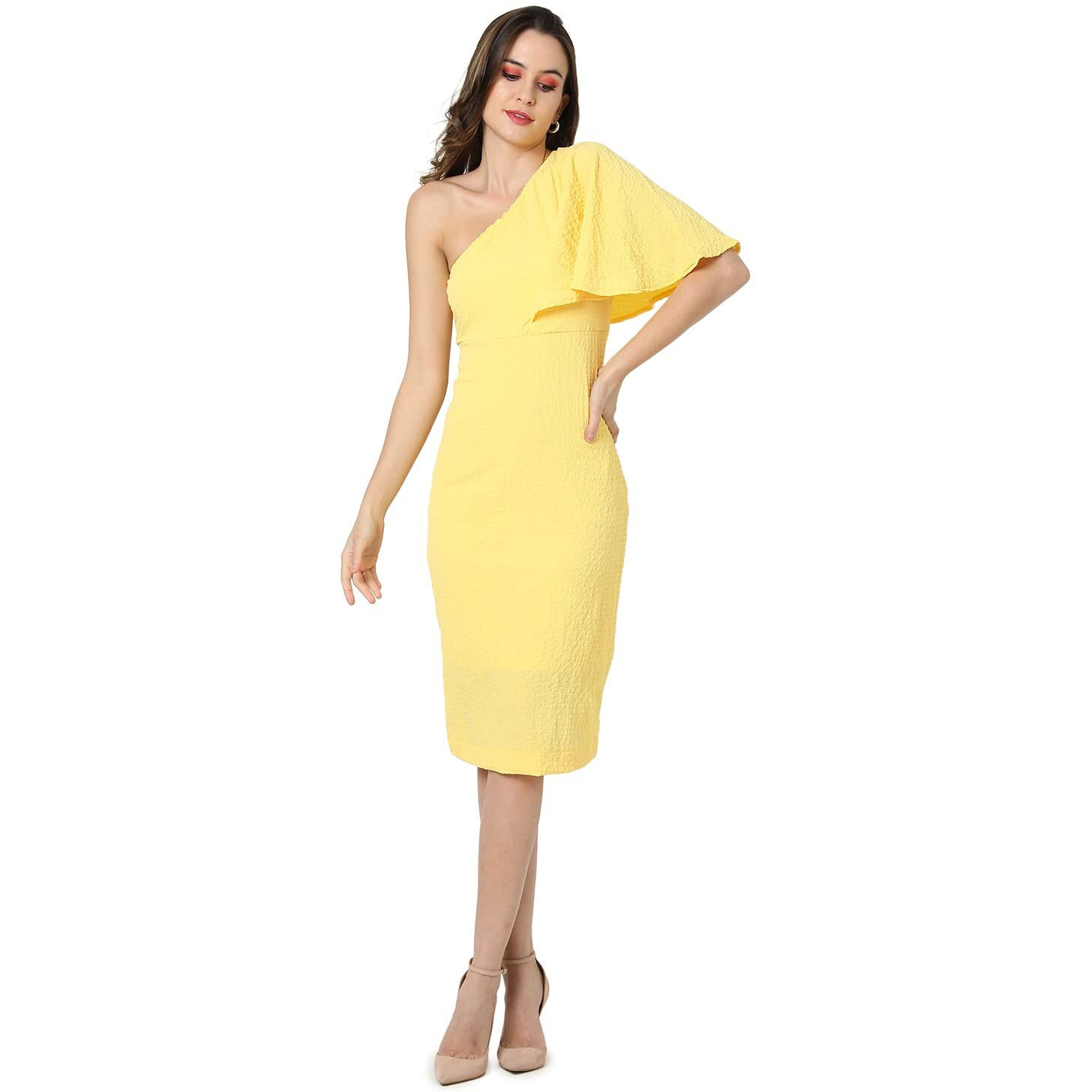 Campus Sutra Women Solid Design Stylish One Shoulder Casual Dresses(Ssmr22_Cswssdr5085_M) Yellow