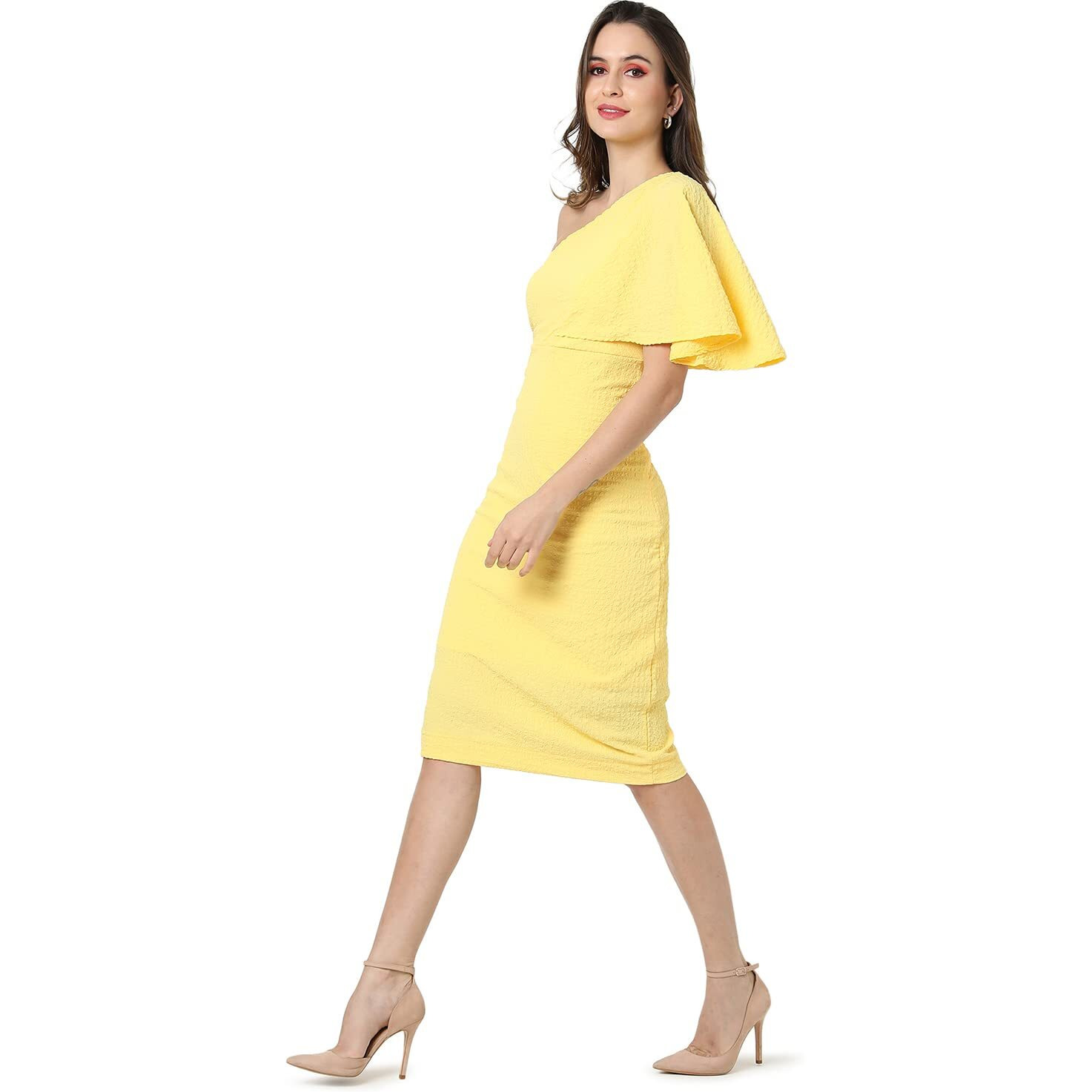 Campus Sutra Women Solid Design Stylish One Shoulder Casual Dresses(Ssmr22_Cswssdr5085_M) Yellow