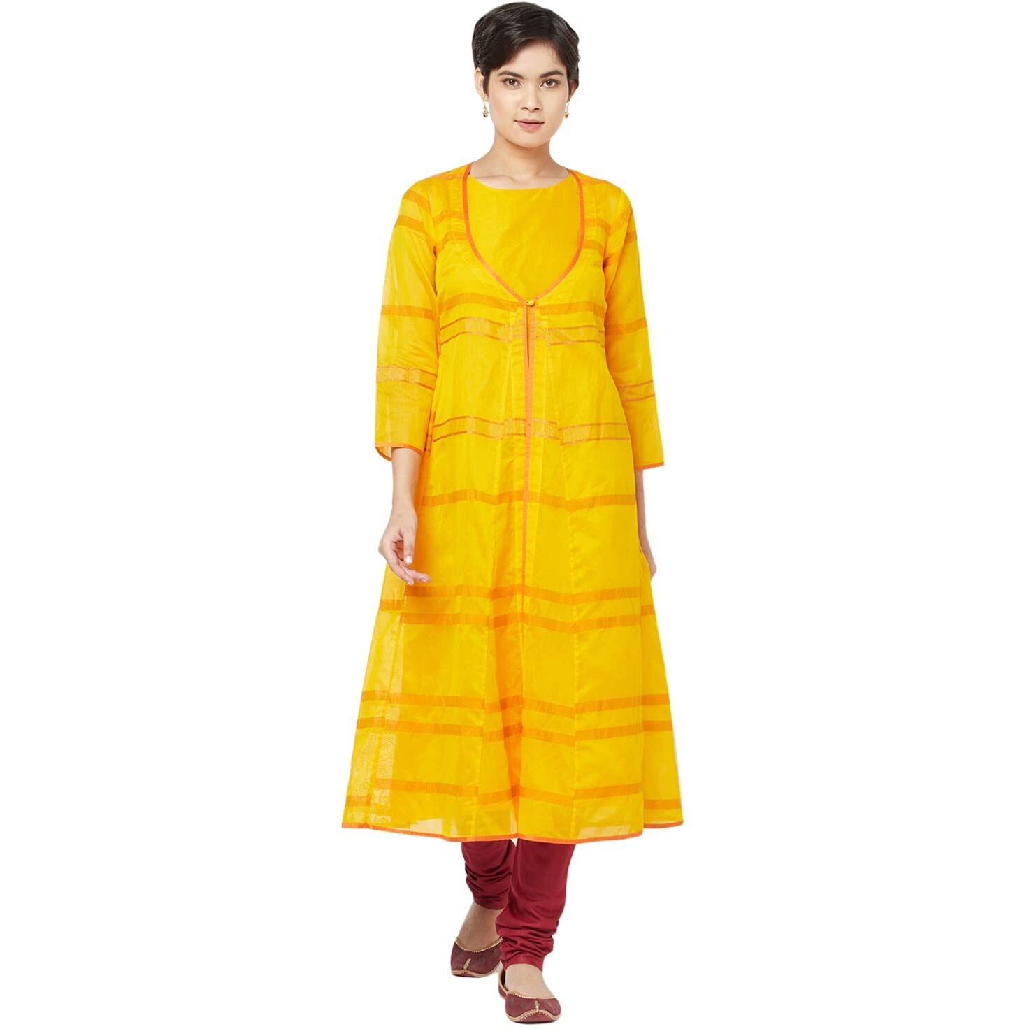 Fabindia Cotton Silk Layered Long Kurta (Yellow-L-10703143)