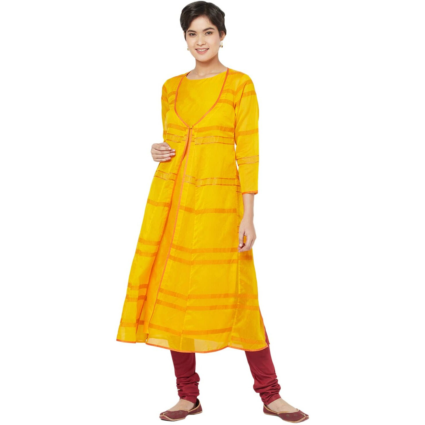 Fabindia Cotton Silk Layered Long Kurta (Yellow-L-10703143)