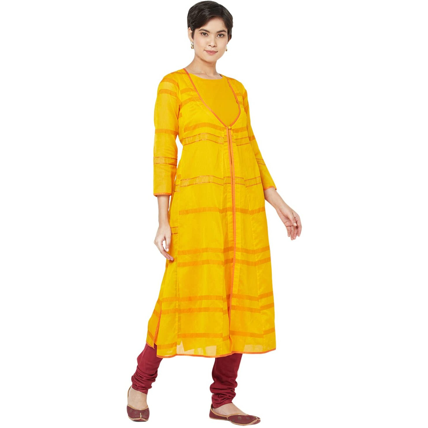Fabindia Cotton Silk Layered Long Kurta (Yellow-L-10703143)