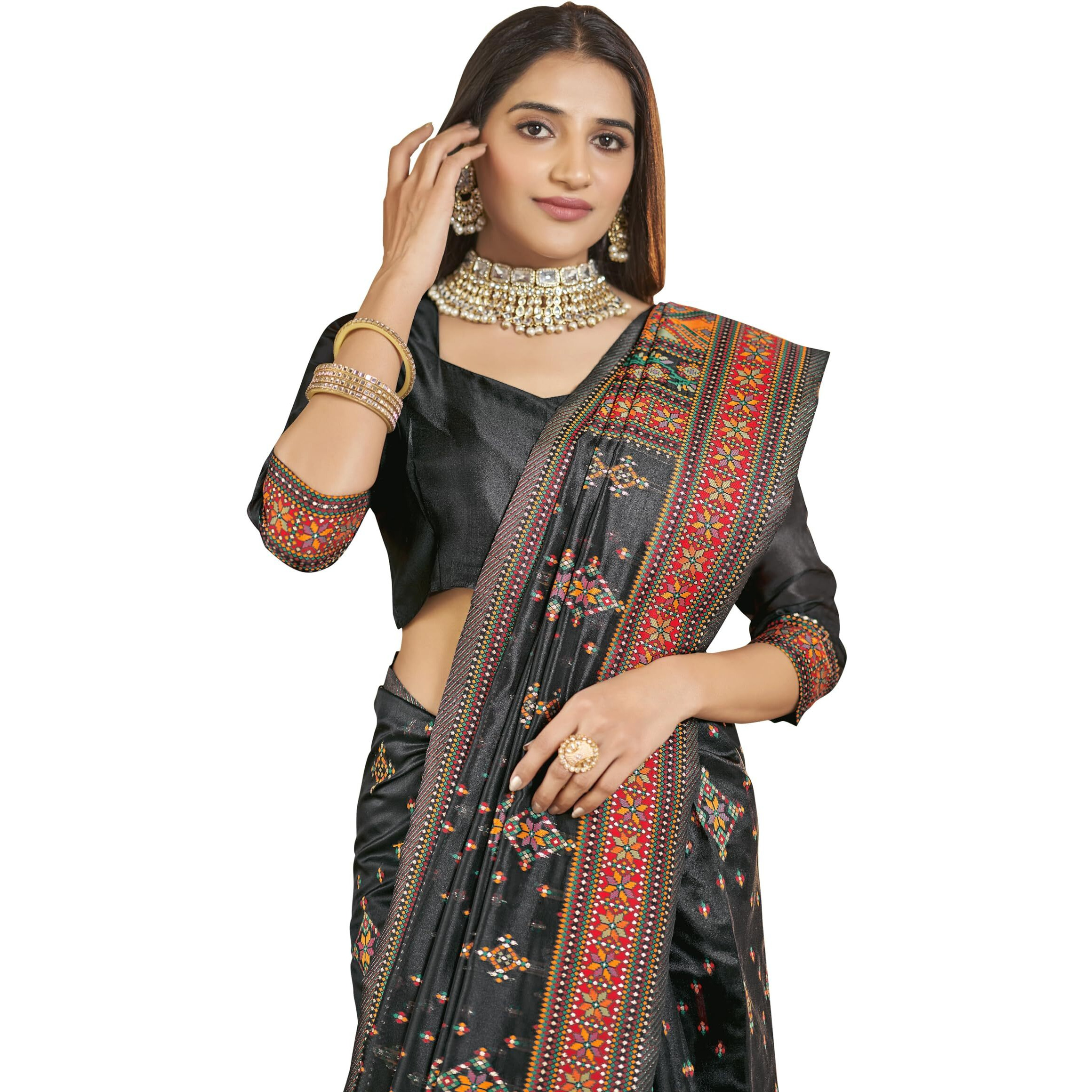 Glory Sarees Women's Kashmiri Pashmina Organza Silk Woven Saree With Blouse Piece (Heritage_Silk109_Black)