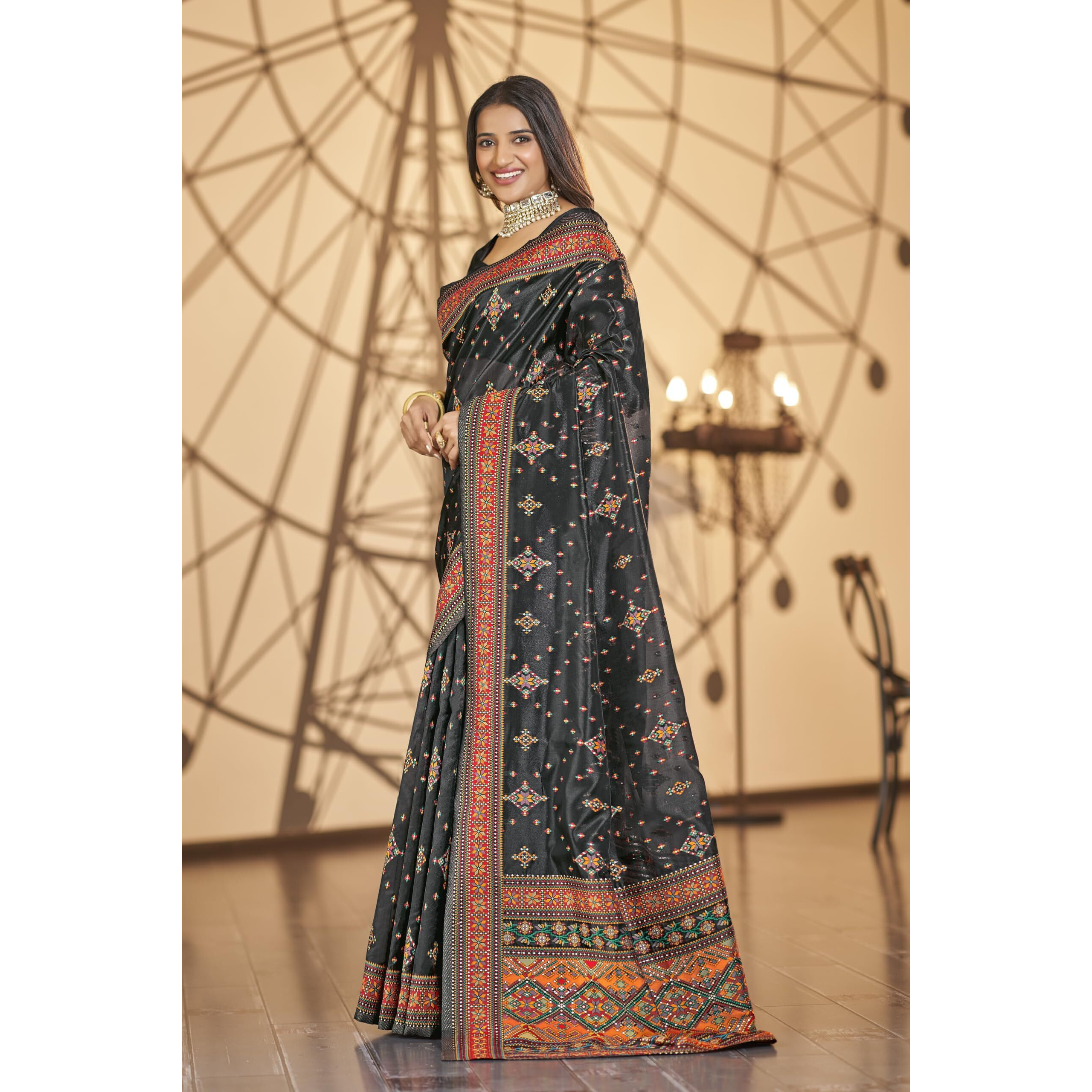 Glory Sarees Women's Kashmiri Pashmina Organza Silk Woven Saree With Blouse Piece (Heritage_Silk109_Black)