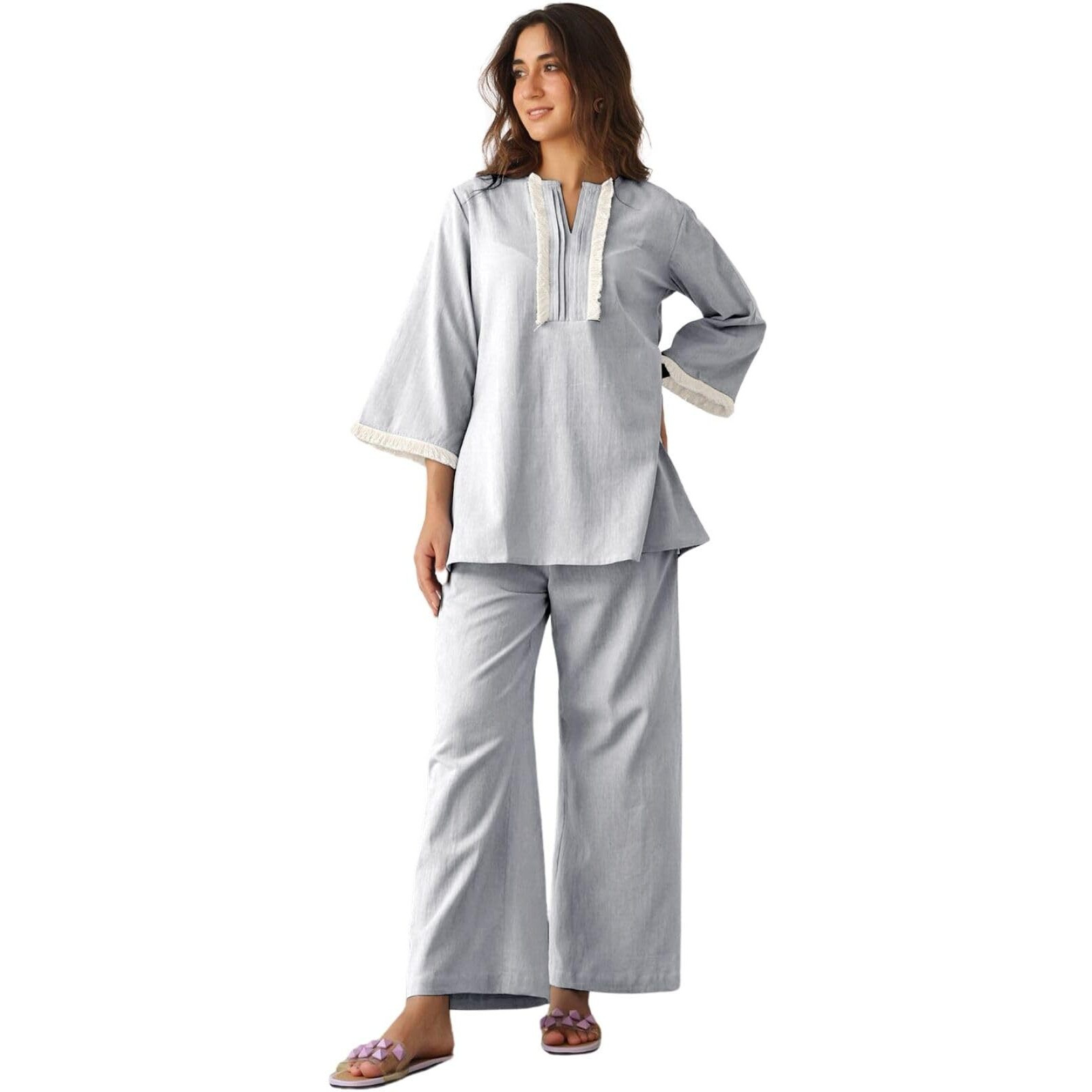 Greciilooks Polycotton Ethnic Mid-Thigh Length Stylish | Festive Travel Co Ord Kurta Set For Women (Gl-W2048&Tr1023_Light Blue_M)