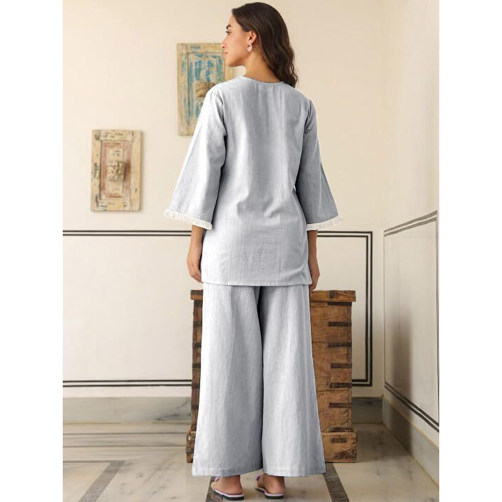 Greciilooks Polycotton Ethnic Mid-Thigh Length Stylish | Festive Travel Co Ord Kurta Set For Women (Gl-W2048&Tr1023_Light Blue_M)