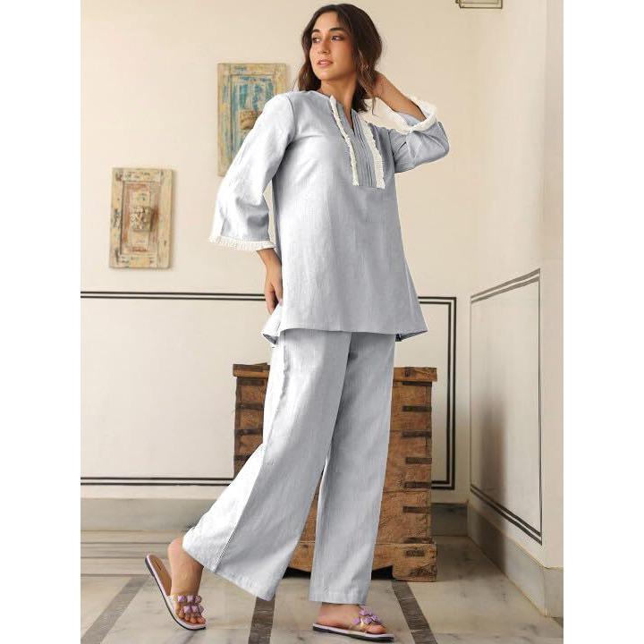 Greciilooks Polycotton Ethnic Mid-Thigh Length Stylish | Festive Travel Co Ord Kurta Set For Women (Gl-W2048&Tr1023_Light Blue_M)
