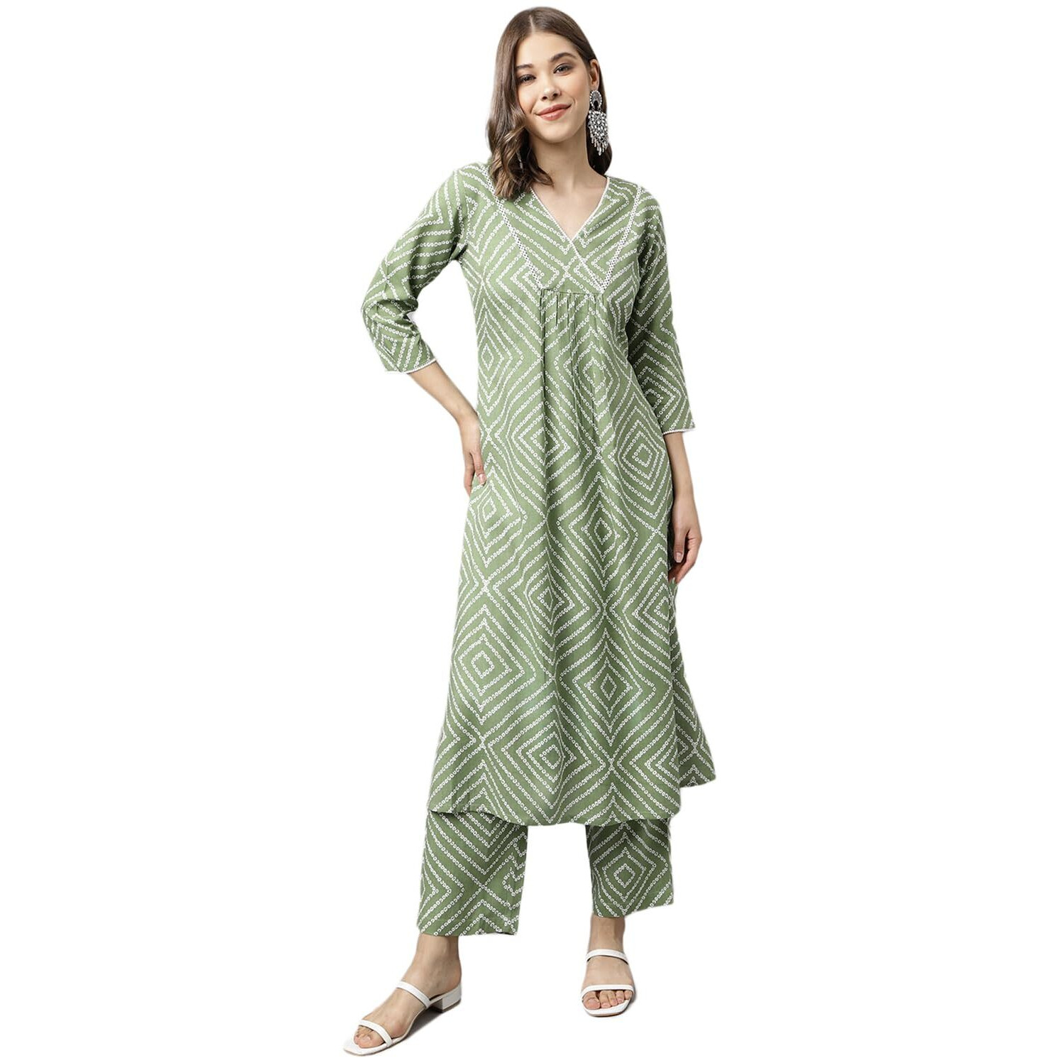 Fiorra Women's Green Cotton A-Line Kurta With Palazzo Set0103