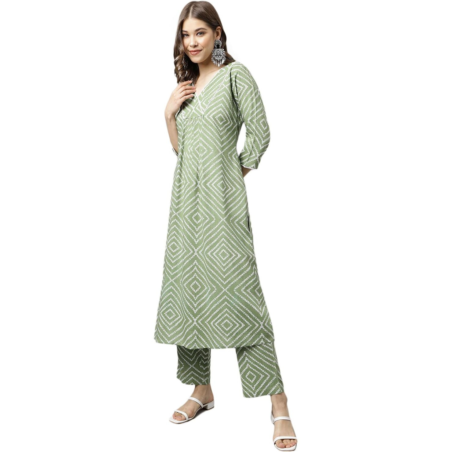 Fiorra Women's Green Cotton A-Line Kurta With Palazzo Set0103