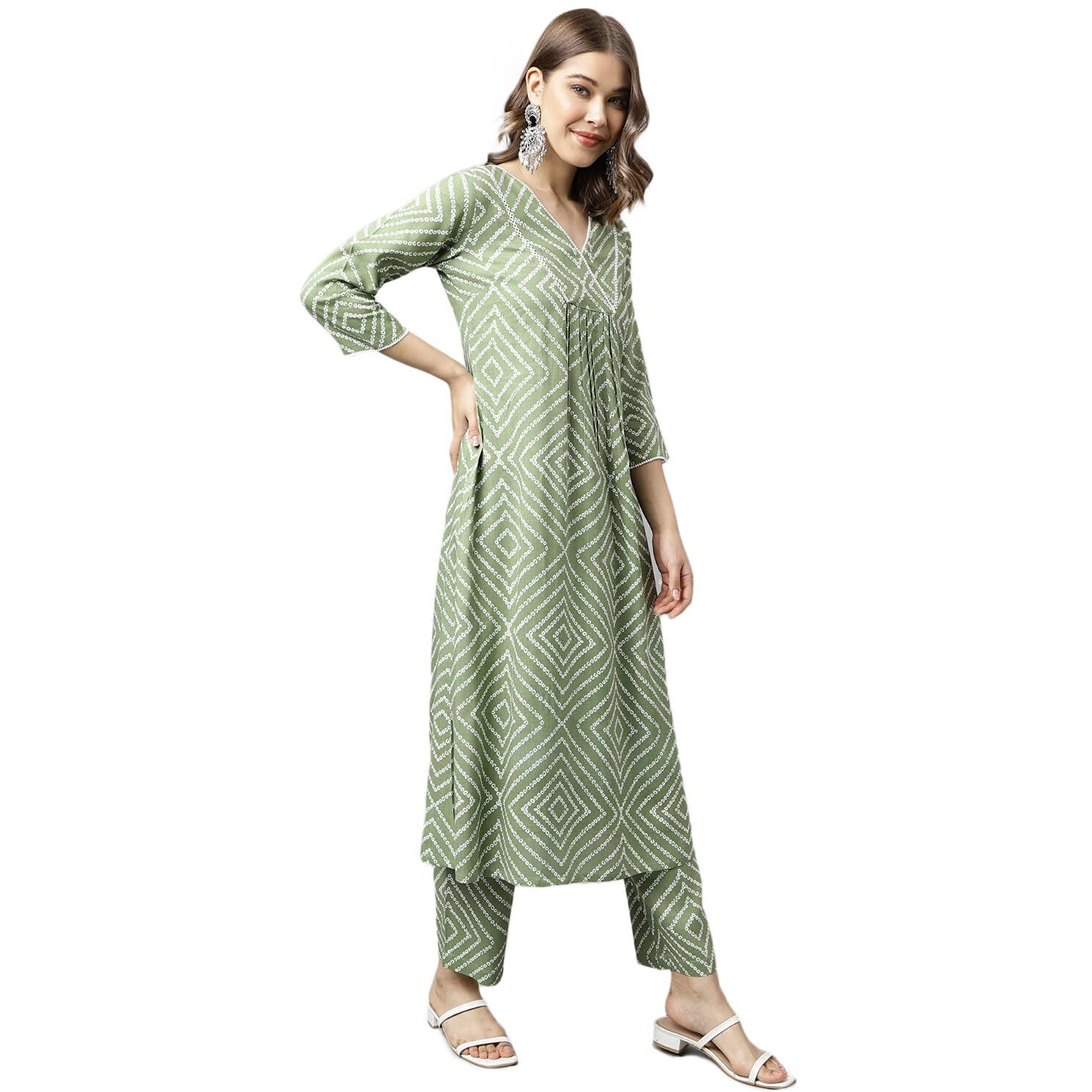 Fiorra Women's Green Cotton A-Line Kurta With Palazzo Set0103