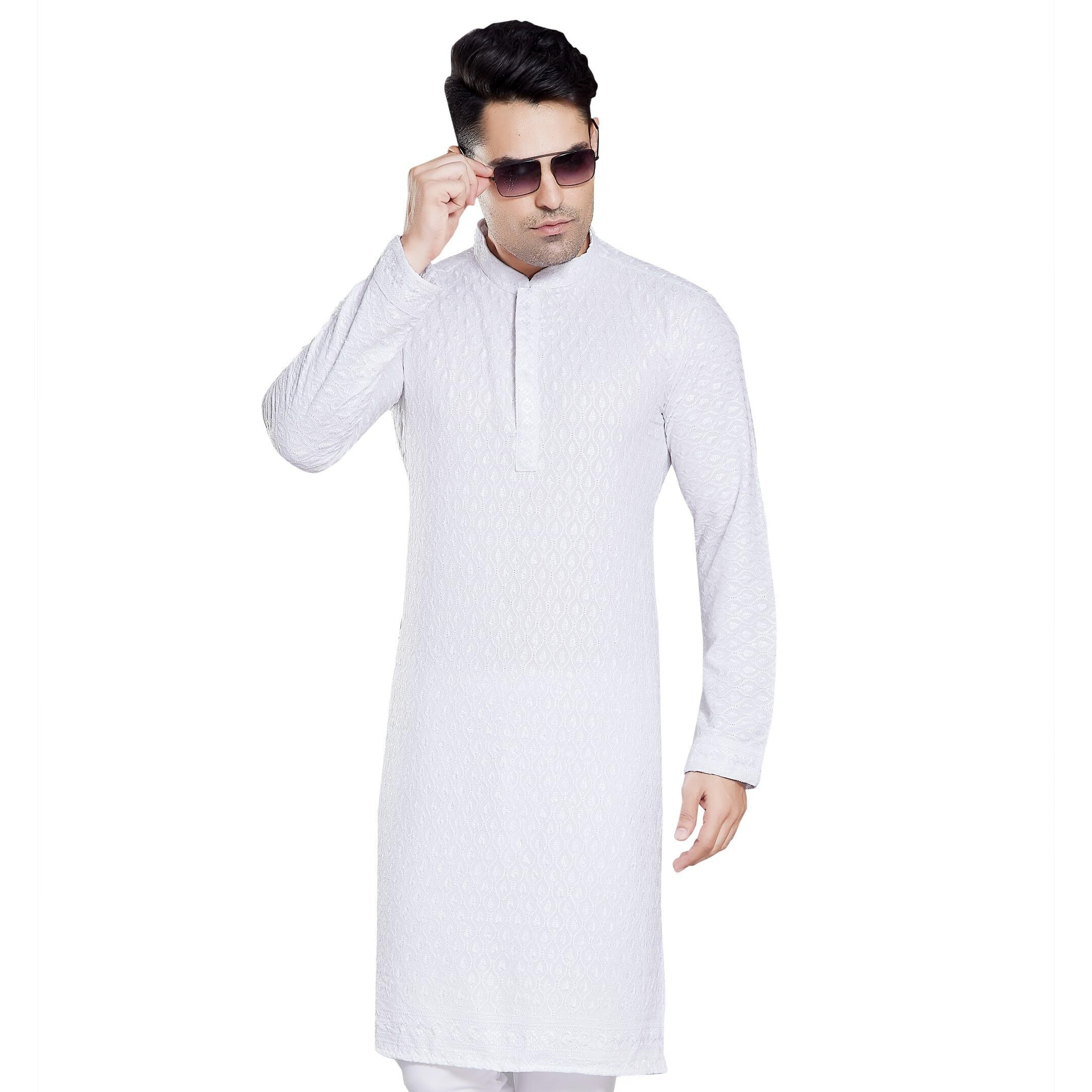 Divisive Men's Sequince Embroidered Cotton Blend Only Slim Fit Kurta (Dkrt109_L_White)