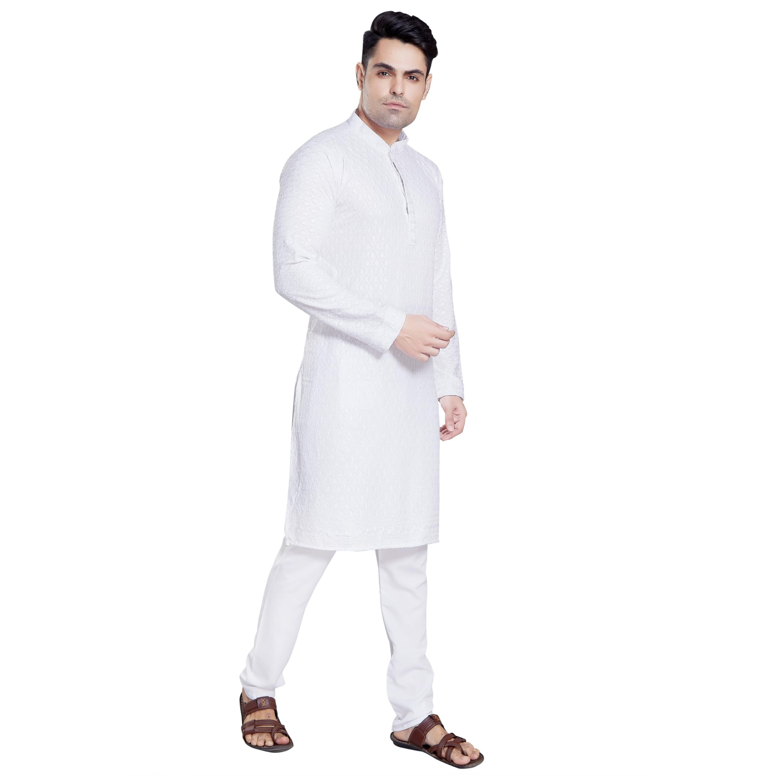 Divisive Men's Sequince Embroidered Cotton Blend Only Slim Fit Kurta (Dkrt109_L_White)