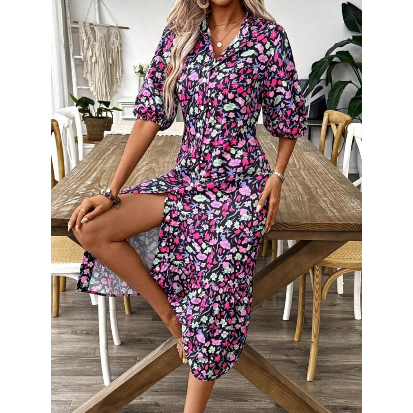 Gufrina Dresses For Women|Rayon Floral Print|Front Ruffle Hem|Button-Down|Maxi Dress|Puff Sleeves And High Slit (Black Xl)