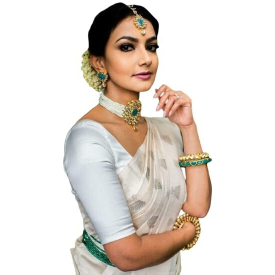 Flosive Women's Kanjivaram Silk Saree With Handloom Weaving Work With Blouse Piece (White)