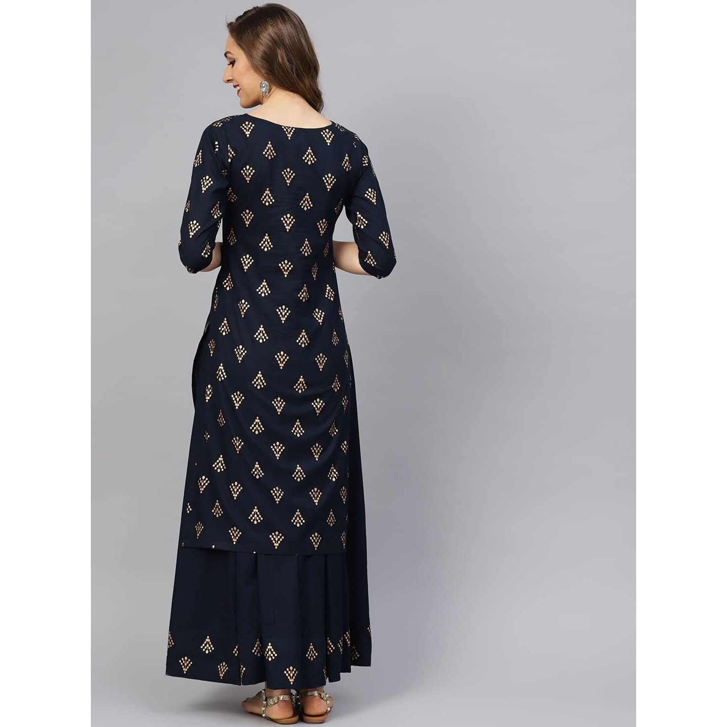 Idalia Women's Printed Navy Blue A-Line Cotton Kurta Set With Skirt