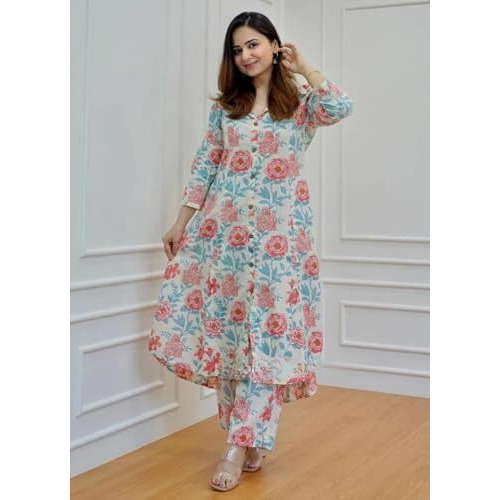 Greciilooks Women's Cotton Blend Floral Regular Fit Kurta Set (Gl-W1823_Pink_M)
