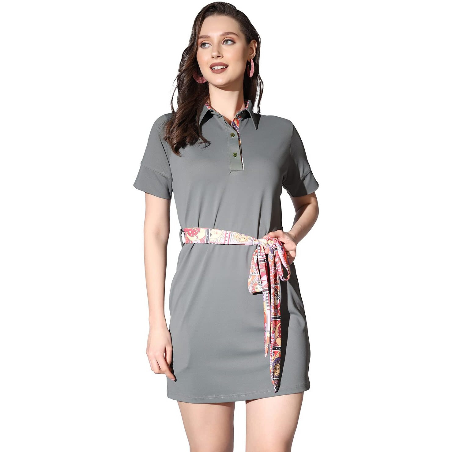 Greciilooks Weatern Dress For Women| Lycra Solid Body Con Dresses For Girls| Short Sleeve Polo Dress| Western Dress With Belt | Summer Wear | Outdoor Wear (Xx-Large, Dark Grey)