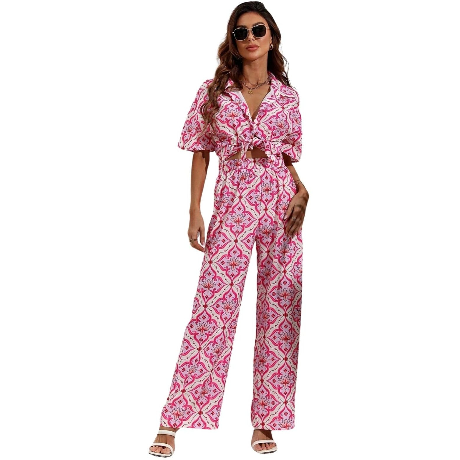 Greciilooks Women Co Ord Set| Knot Front Shirt & Wide Leg Pants| Allover Print Shirt & Bottom| Long Sleeve Shirt| Straight Printed Pant| Women Two-Piece Outfits| Summer Wear (Small, Pink)